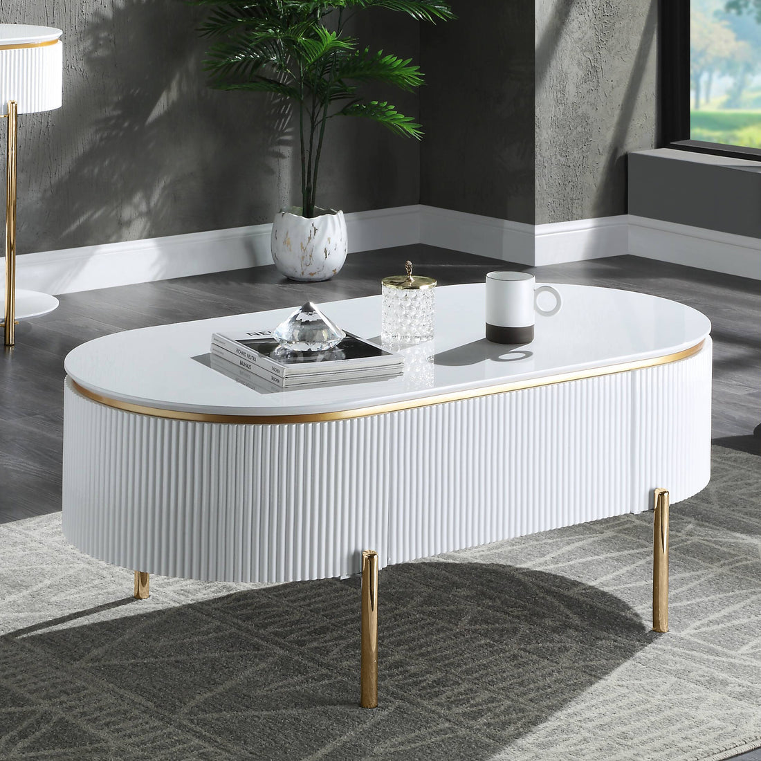 White High Gloss And Gold 1 Shelf Coffee Table White Gold Primary Living Space Drawers Rectangular Wood Metal