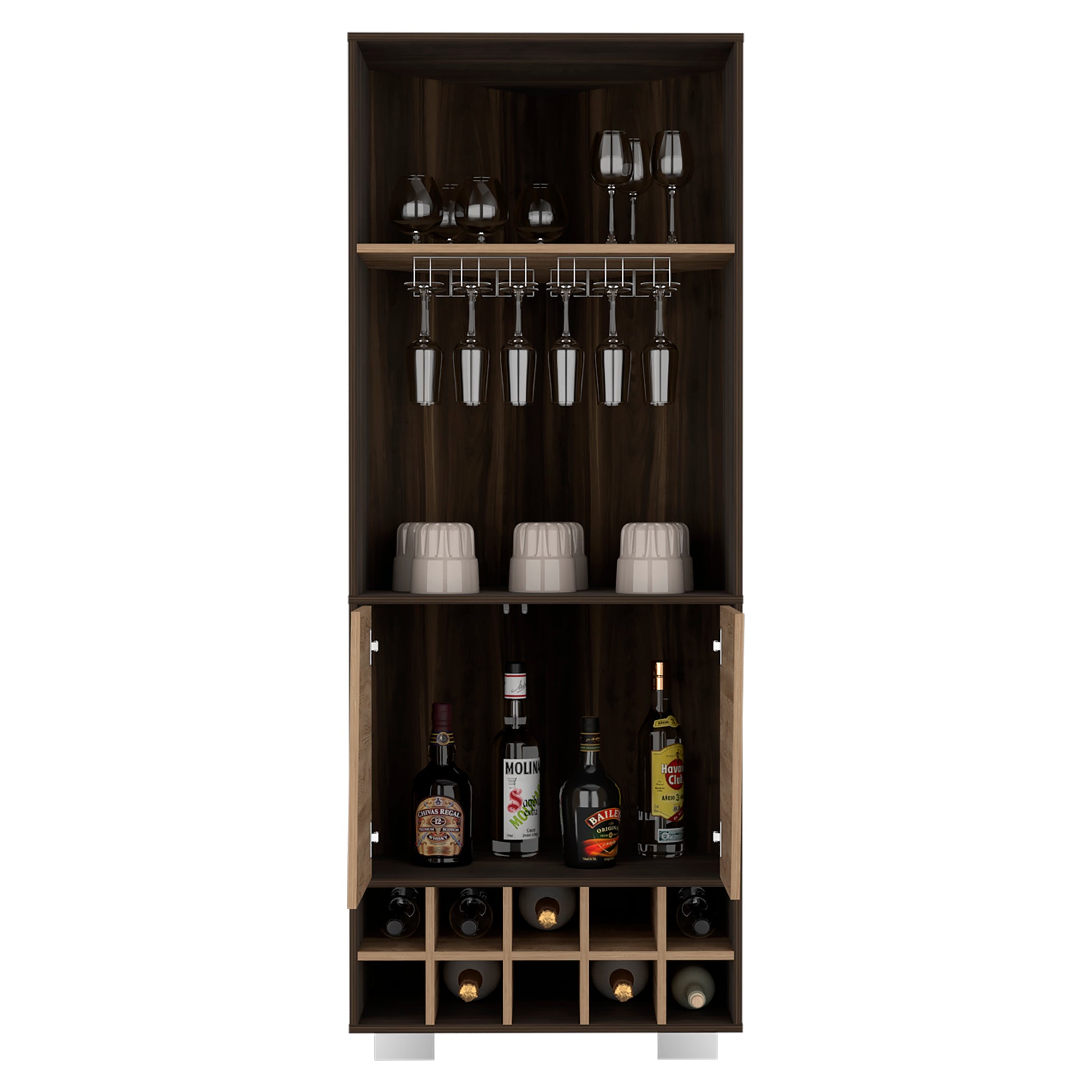 Fraktal Corner Bar Cabinet, Ten Built In Wine Rack, Two Shelves, Double Door Multi Primary Living Space Modern Shelves Included Particle Board