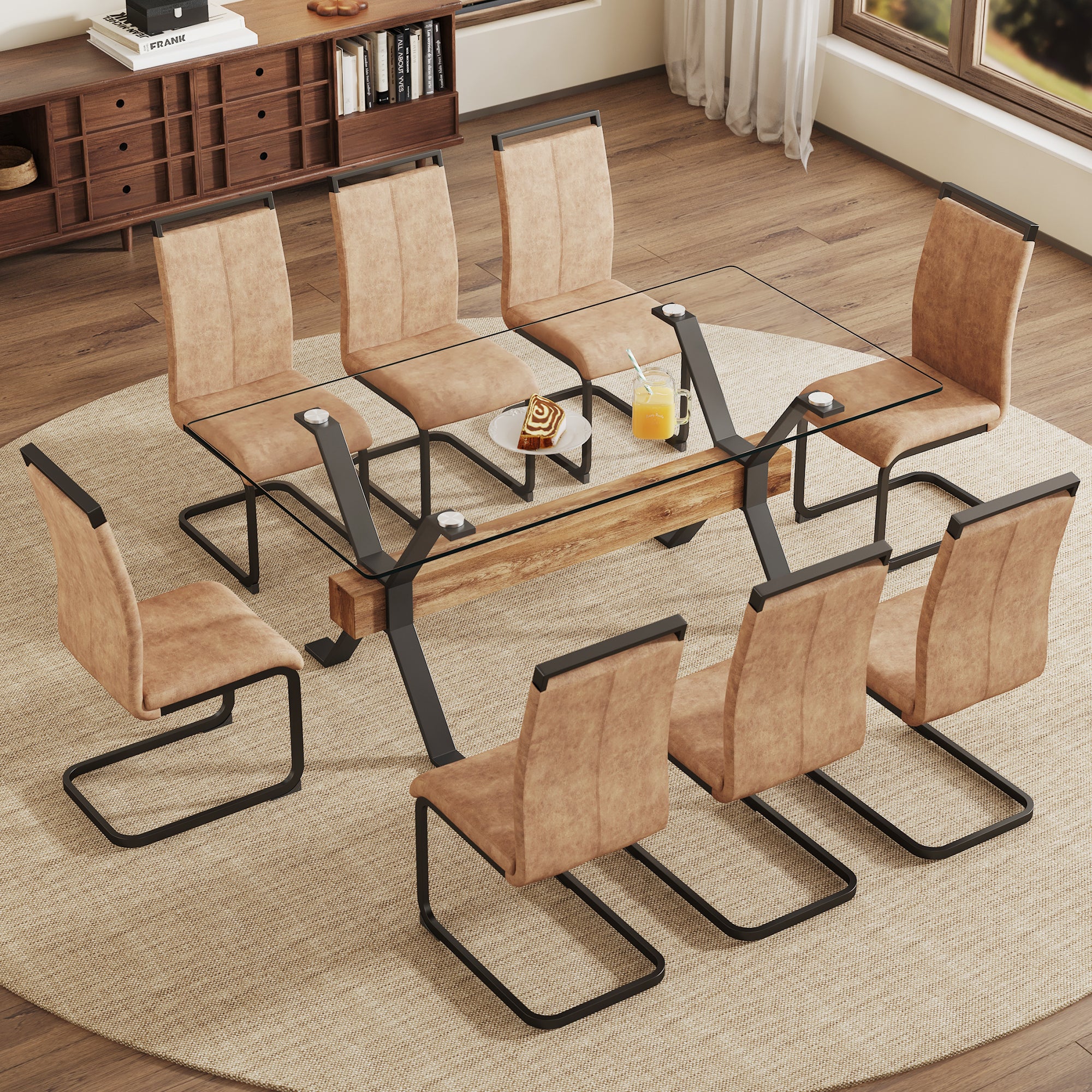 Dining Table. Modern Tempered Glass Dining Table. Large Modern Office Desk With Black Metal Legs And Mdf Crossbars, Suitable For Home And Office Use. 8 High End Cushioned Seats.F 1105 C 1162 Transparent Mdf Glass