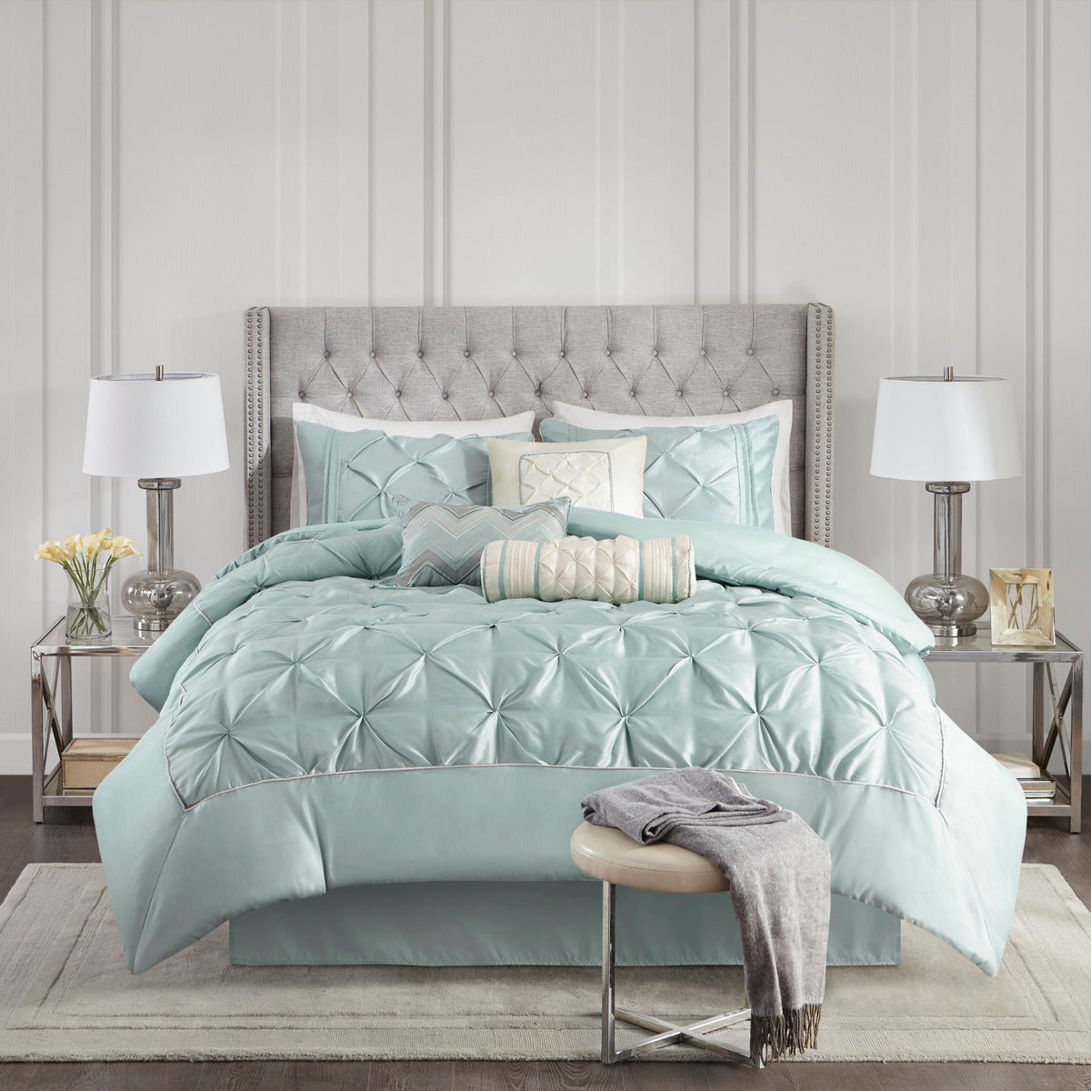 7 Piece Tufted Comforter Set Seafoam Queen Queen Seafoam Polyester