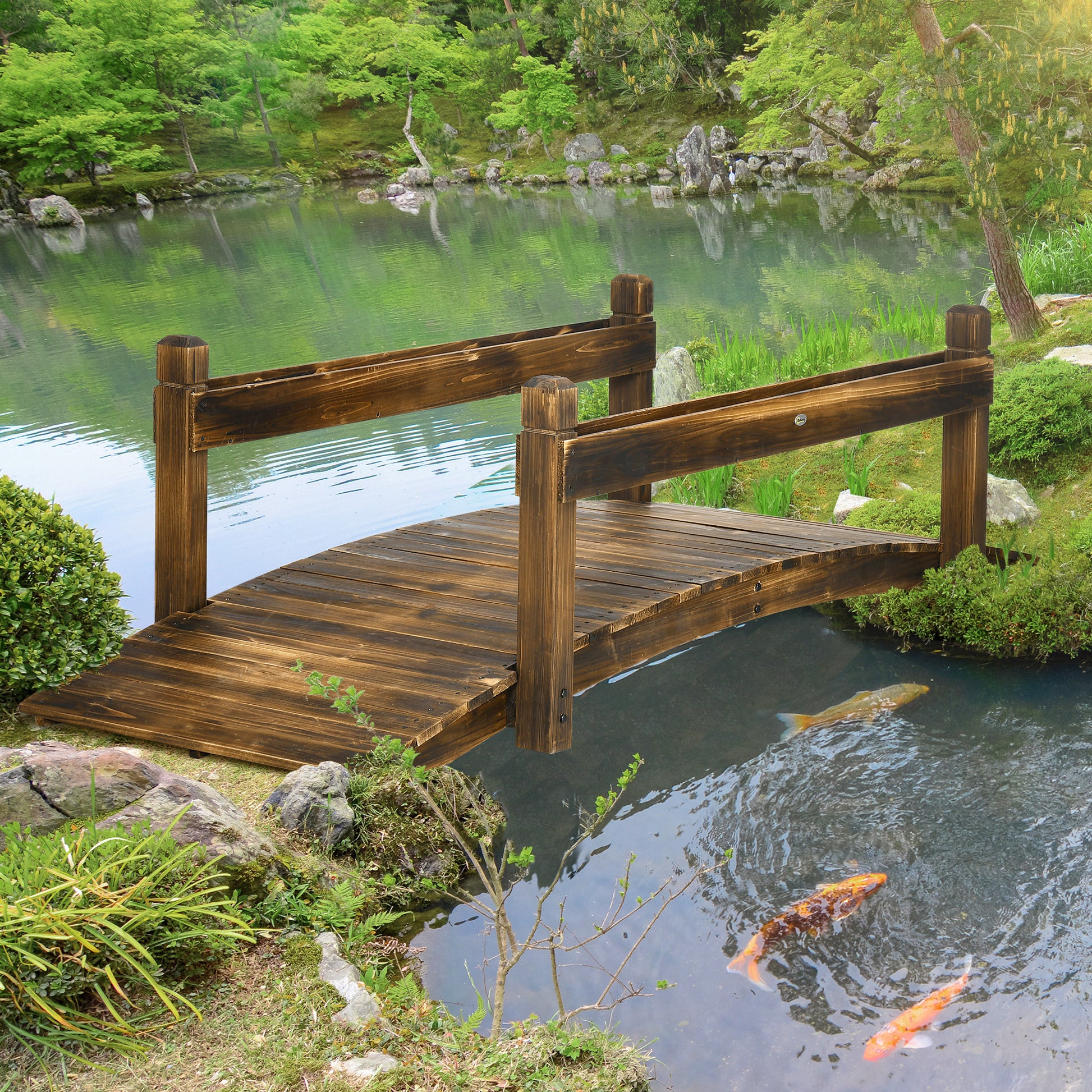 Outsunny 7.5' Wooden Garden Bridge With Planters, Stained Finish Arc Footbridge With Safety Railings For Backyard, Pond Stream, Stained Wood Brown Wood