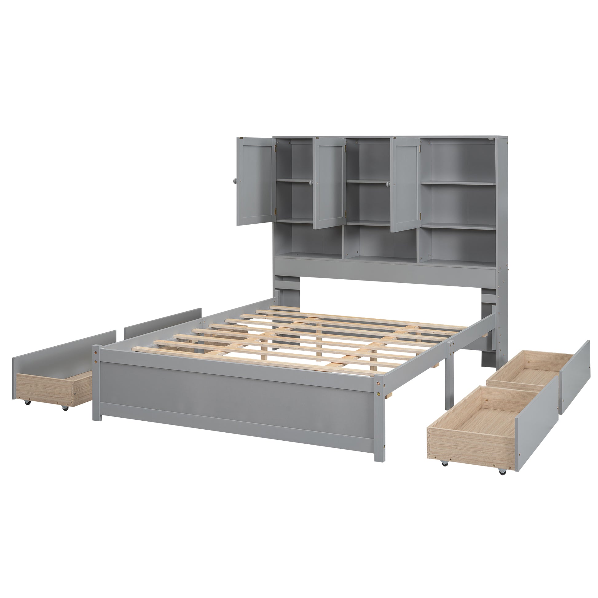 Queen Size Platform Bed With Storage Headboard And 4 Drawers, Gray Box Spring Not Required Queen Gray Wood Bedroom Bed Frame Solid Wood Mdf