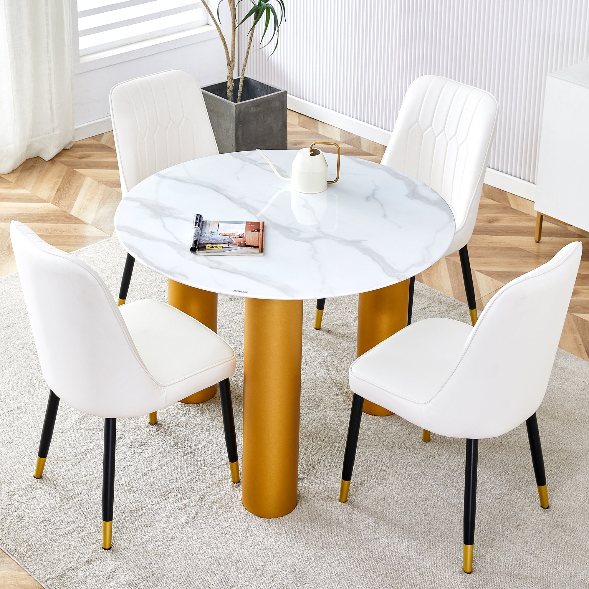 Table And Chair Set, Round Table With White Marble Pattern, Gold Mdf Table Legs, Soft And Comfortable Dining Chair, Suitable For Kitchen And Living Room White Mdf