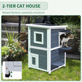 Pawhut Outdoor Cat House With Escape Door, Weatherproof 2 Story Wooden Feral Cat Shelter With Opening Asphalt Roof, Dark Gray Grey White Wood