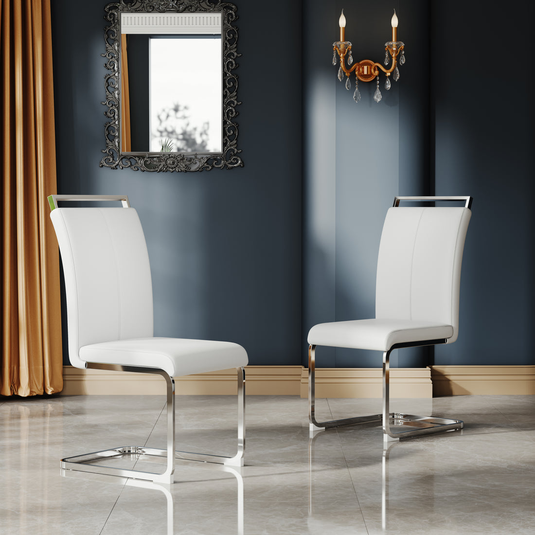 A Set Of 4 Artificial Leather Dining Chairs, Featuring An Arched Chair Design And Paired With Stainless Steel Legs. Silver White Pu Leather