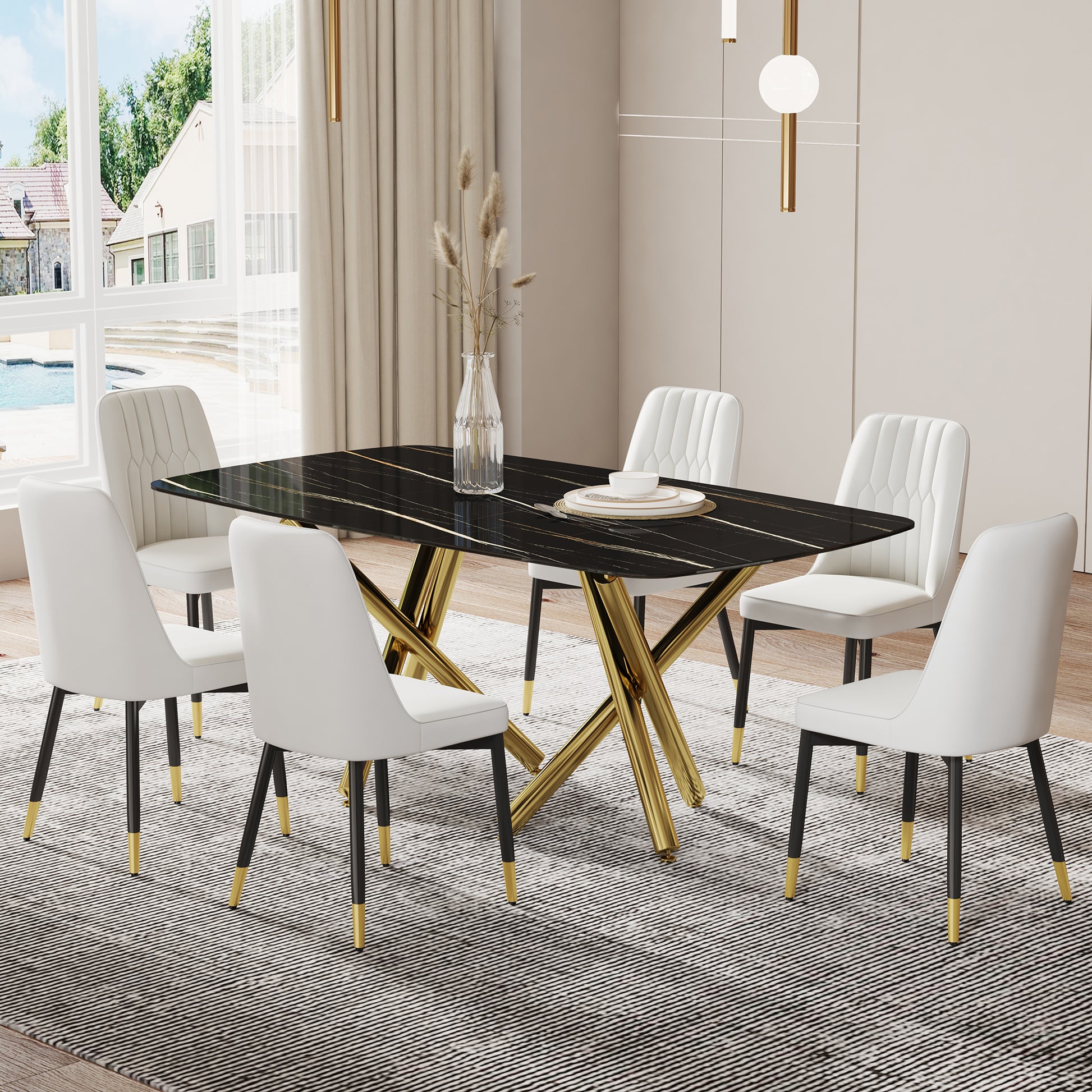 Large Modern Minimalist Rectangular Dining Table With 0.39 "Imitation Marble Black Desktop And Gold Metal Legs, Paired With 6 Chairs With Pu Cushions And Black Metal Legs.F 1538 C 007 Black Gold Glass Metal