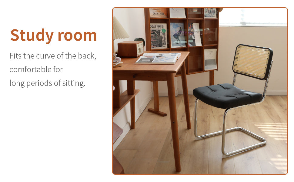 Dining Chairs Set Of 2, Fauex Leather Rattan Side Accent Chairs With Chrome Legs, Modern Mid Century Breuer Designed Chairs, Upholstered Dining Living Room Kitchen Chairs Black 2Pcs Black Faux