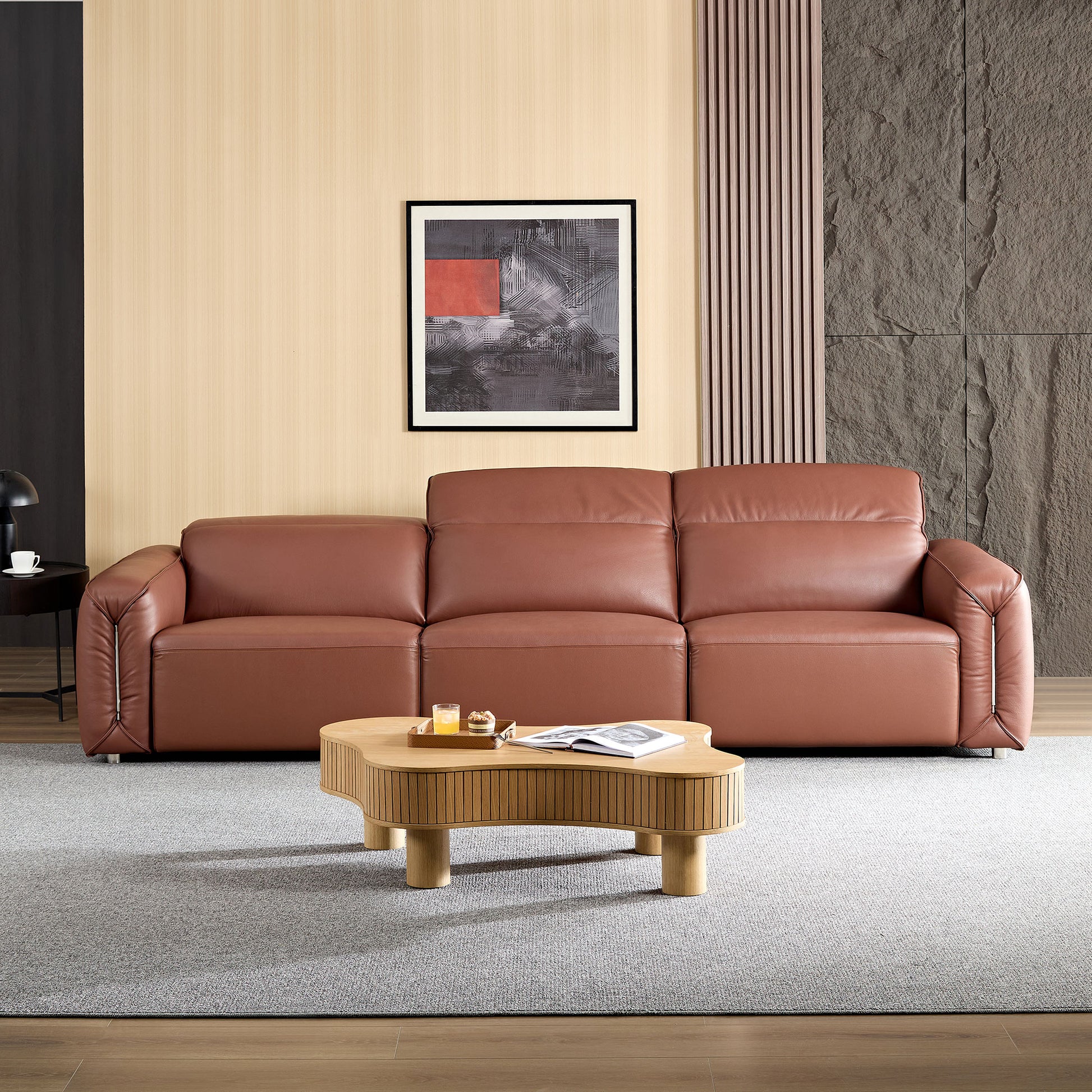 Modern Simple Line Design 3 Seater Leather Sofa For Living Room, Comfy Sofa Couch With Extra Deep Seats,Adjustable Headrests Couch,Brown Brown Leather 3 Seat