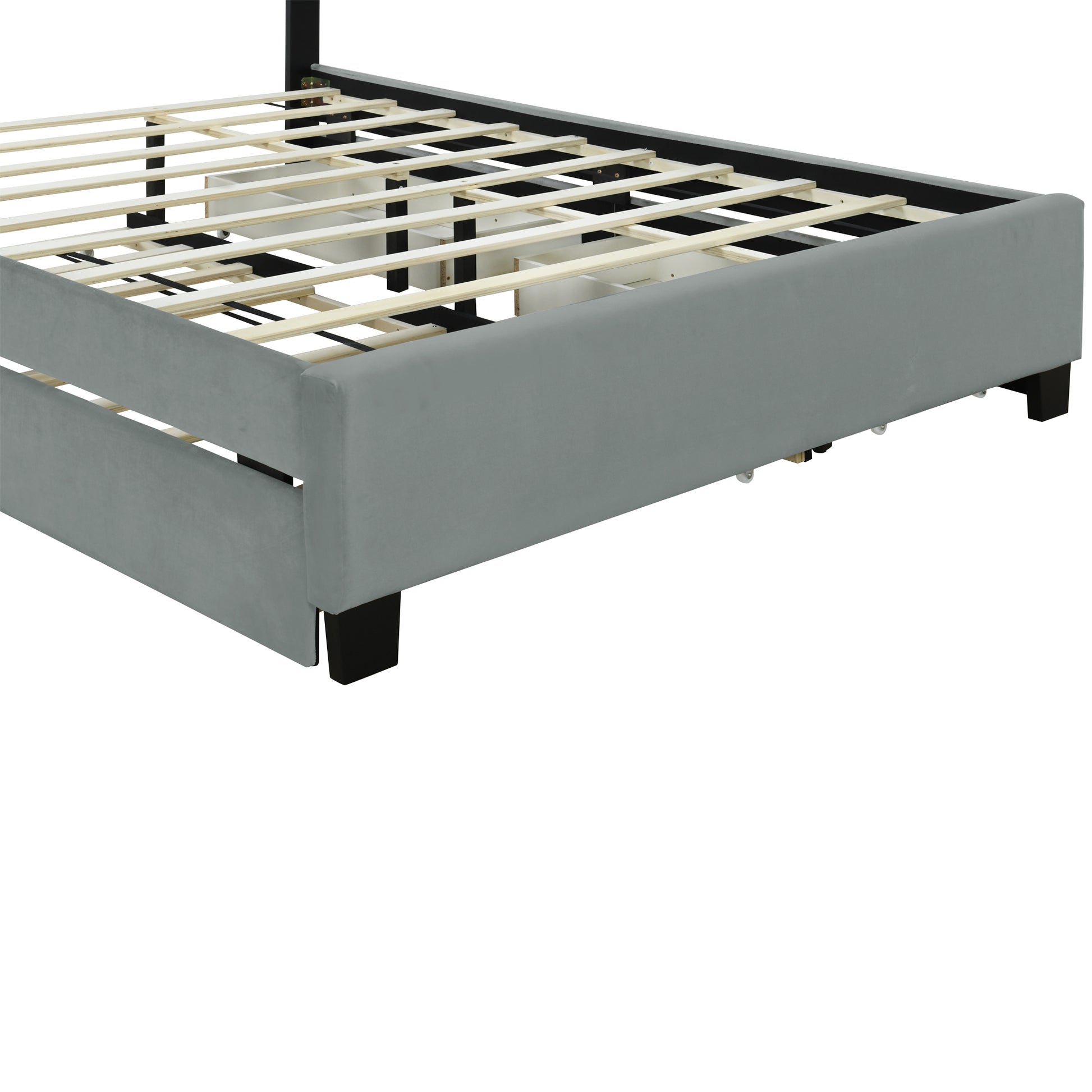 Queen Size Upholstered Platform Bed With 2 Drawers And 1 Trundle, Classic Metal Strip Headboard Design, Grey Queen Gray Mdf Lvl