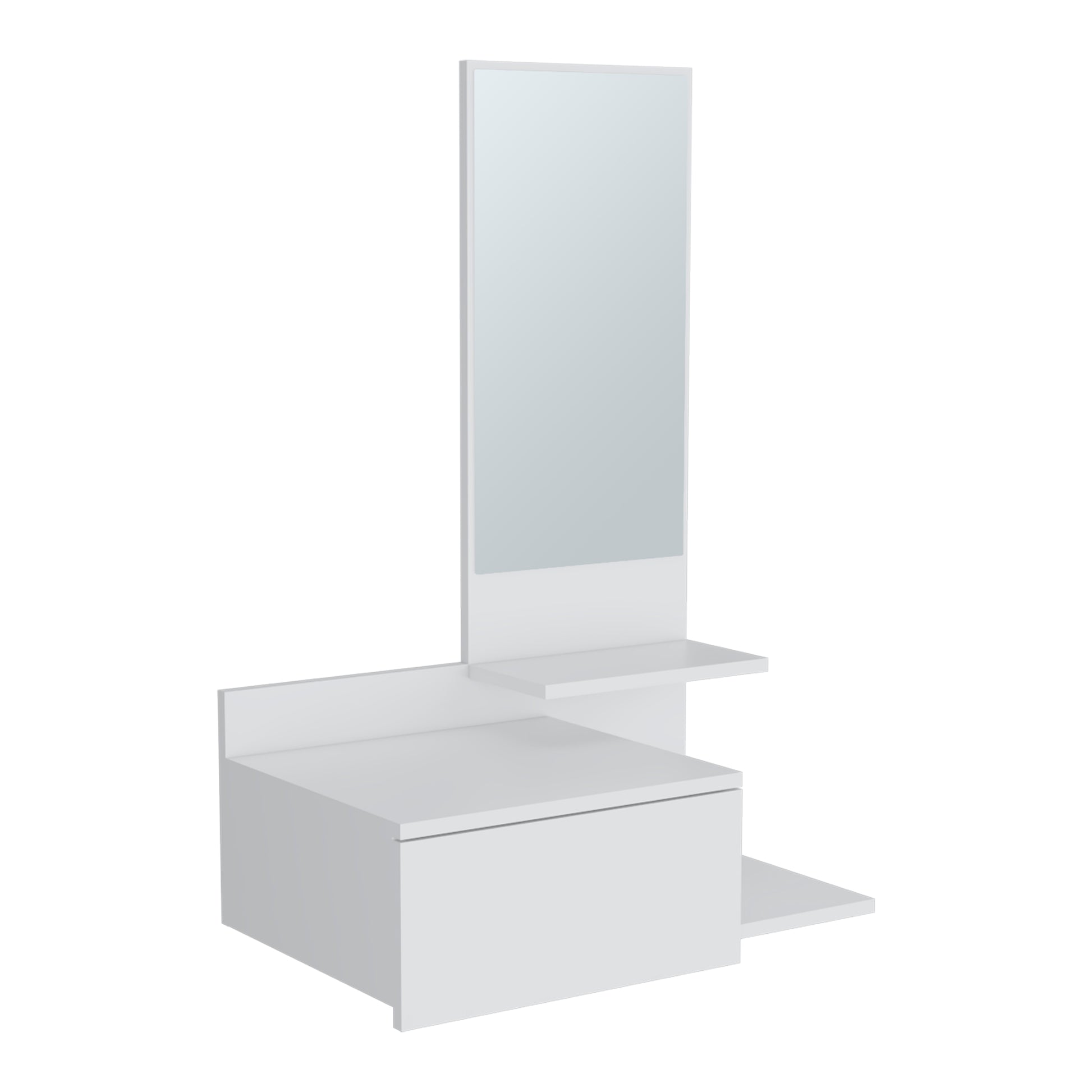 Vienna 23.6" Wide 3 Tier Shelf Floating Mirror Console Table, Full Extension Drawer White White Particle Board