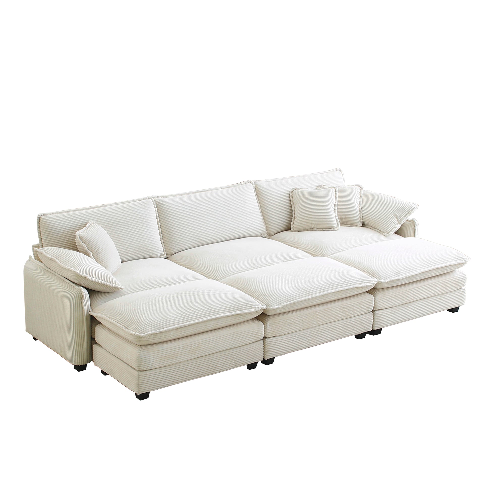 Oversized Modular Cushioned Sofa,With 3 Ottomans To Work As Sleeper Sofa Beds, 3 Seater Sofa With 3 Footstools, Beige Corduroy Fabric Beige Corduroy 3 Seat