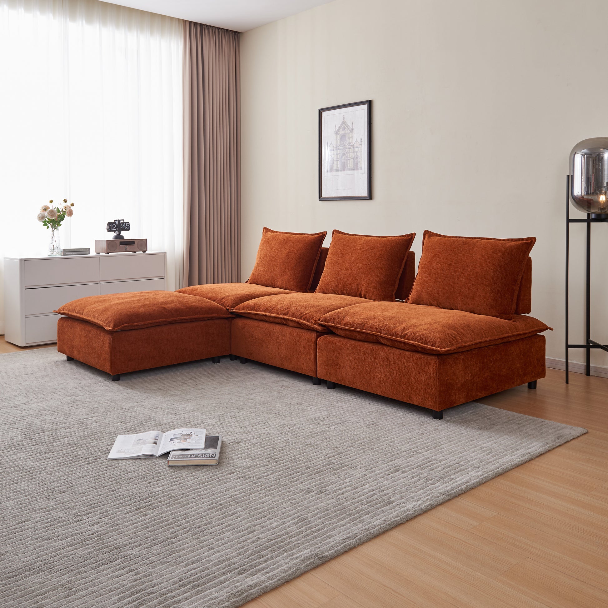 Modern Armless L Shaped Sectional Sofa Couch With Ottoman Modular Design, Durable Construction, Easy Care Upholstery For Living Room, Apartment, Office, Small Space Orange Wood Medium Soft Foam Chenille 4 Seat