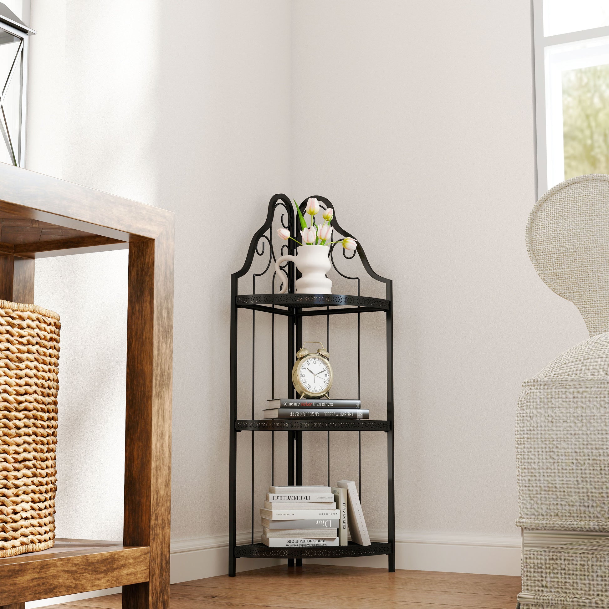 3 Tier Corner Open Shelf,Bookcase Freestanding Shelving Unit,Plant Stand Small Bookshelf For Living Room, Home Office, Kitchen, Small Space Black Corner Office American Design,Rustic Iron