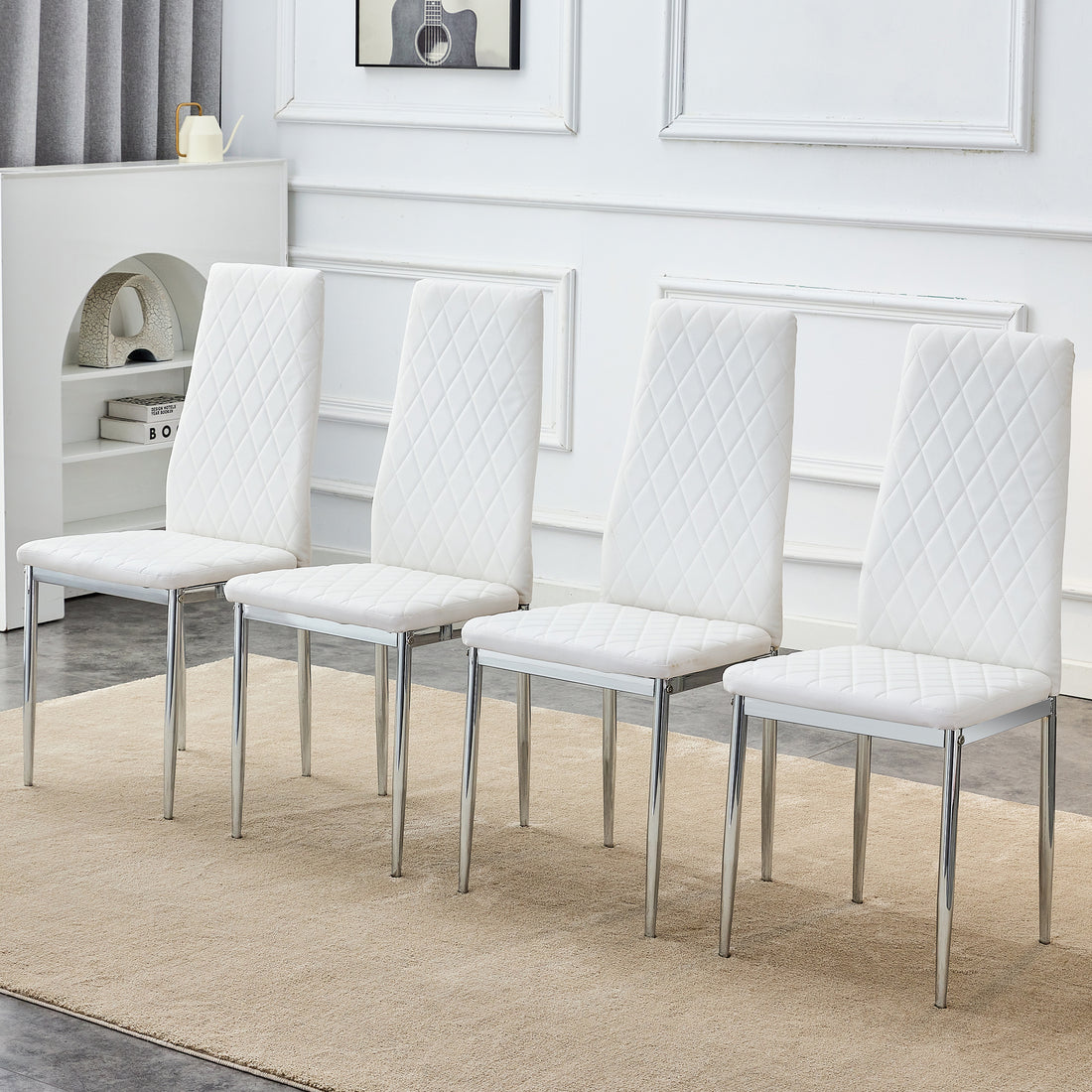 Grid Armless High Backrest Dining Chair, 4 Piece Set Of Silver Metal Legs White Chair, Office Chair. Suitable For Restaurants, Living Rooms, Kitchens, And Offices.W115162607 0924 White Pu