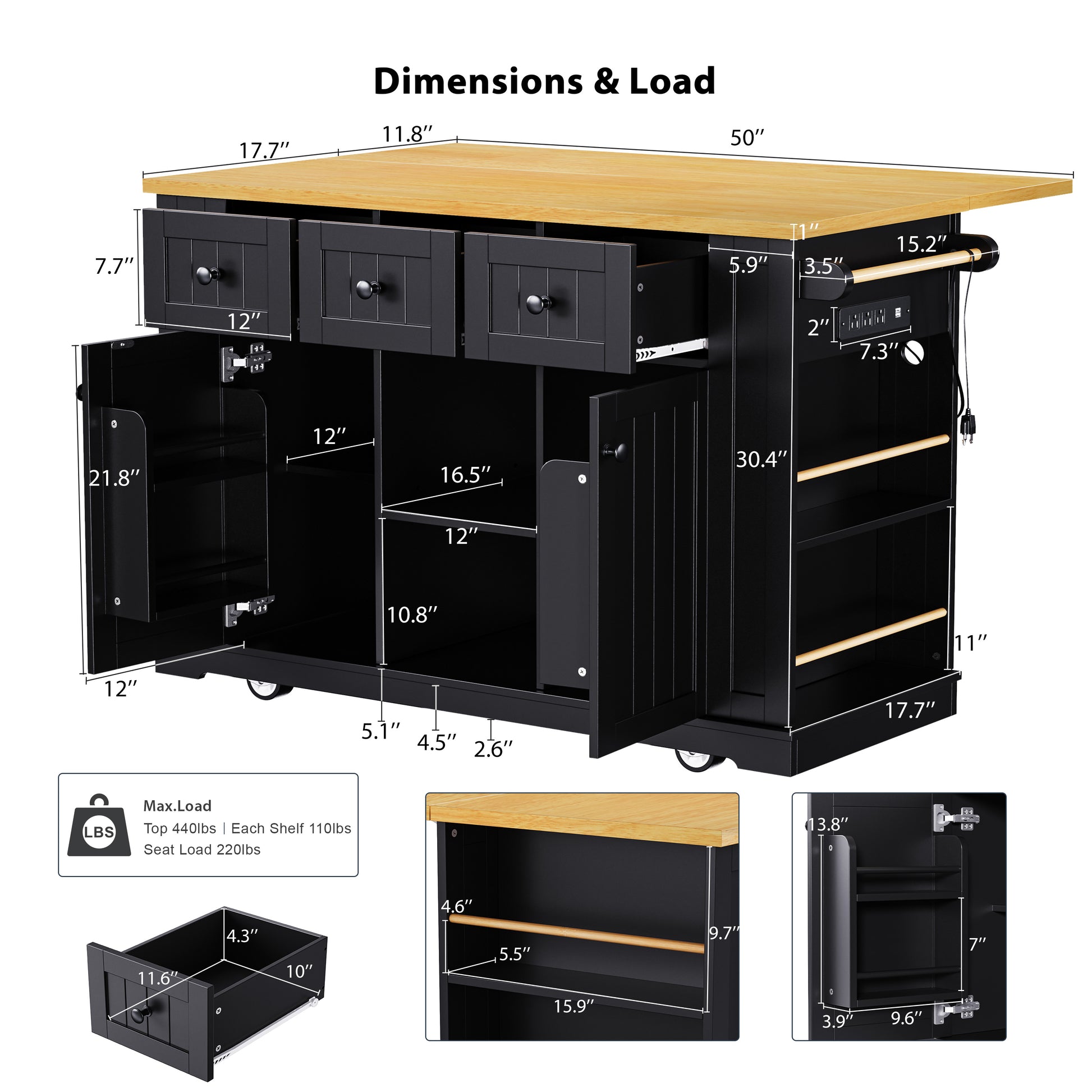 K&K 53Inch Large Kitchen Island With Drop Leaf, Power Outlet, Door Internal Storage Rack, Rolling Kitchen Cart On 5 Wheels With 5 Open Side Racks For Kitchen, Dining Room,Black Not Include Bar