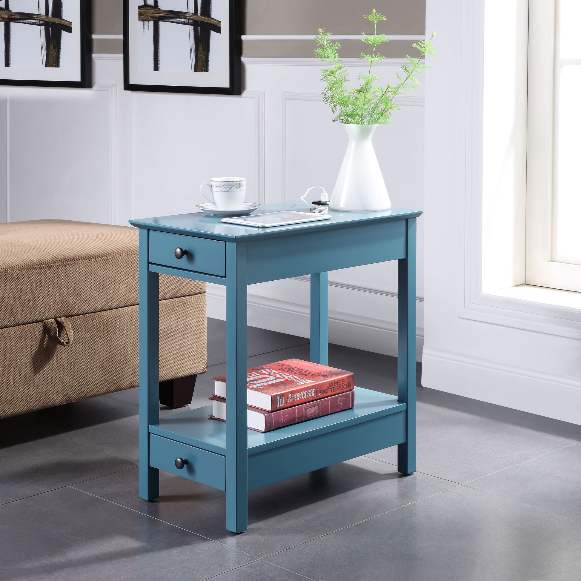 Teal Storage Accent Table With Usb Teal Primary Living Space Modern Pine Drawers Rectangular Wood