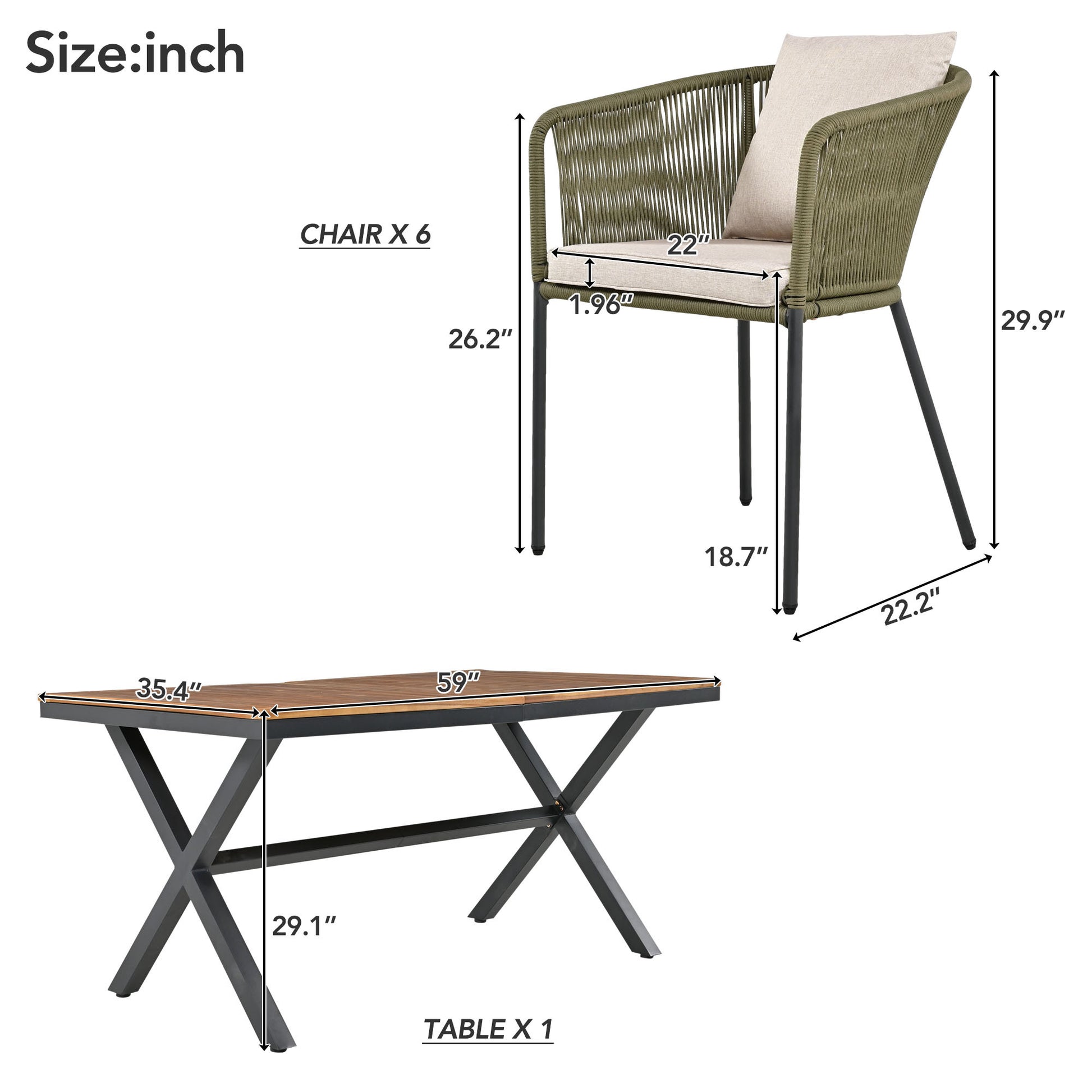 7 Pieces Patio Dining Set, All Weather Outdoor Furniture Set With Dining Table And Chairs, Acacia Wood Tabletop, Metal Frame, For For Garden, Backyard, Balcony, Green Yes Green Seats 6 Garden & Outdoor Complete Patio Sets Wood Wood Rope