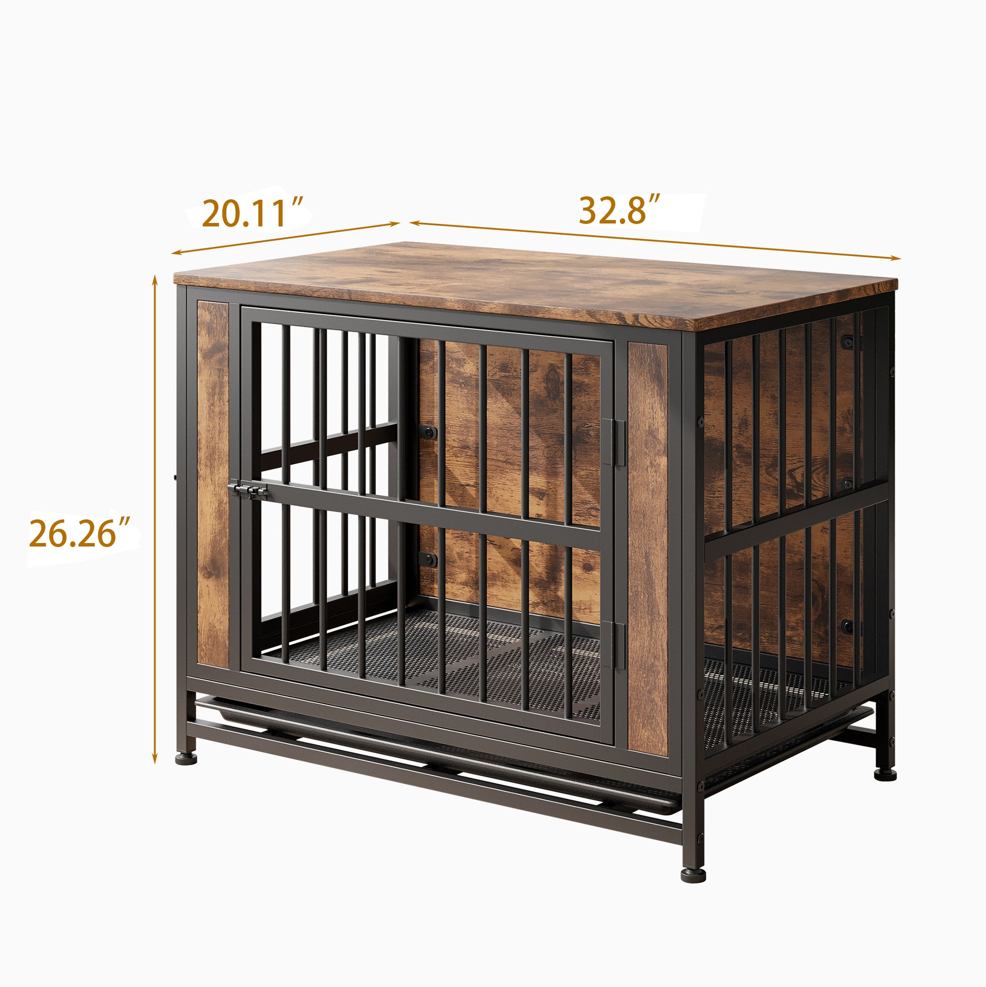 Dog Crate Furniture, Wooden Dog Crate Table, 32.8" Dog Kennel With 2 Sliding Doors And Thick Iron Door Frame, Decorative Pet Crate House For Medium Small Dog Indoor Use Rustic Brown Black Brown Medium 26 40 Lbs Mdf Metal