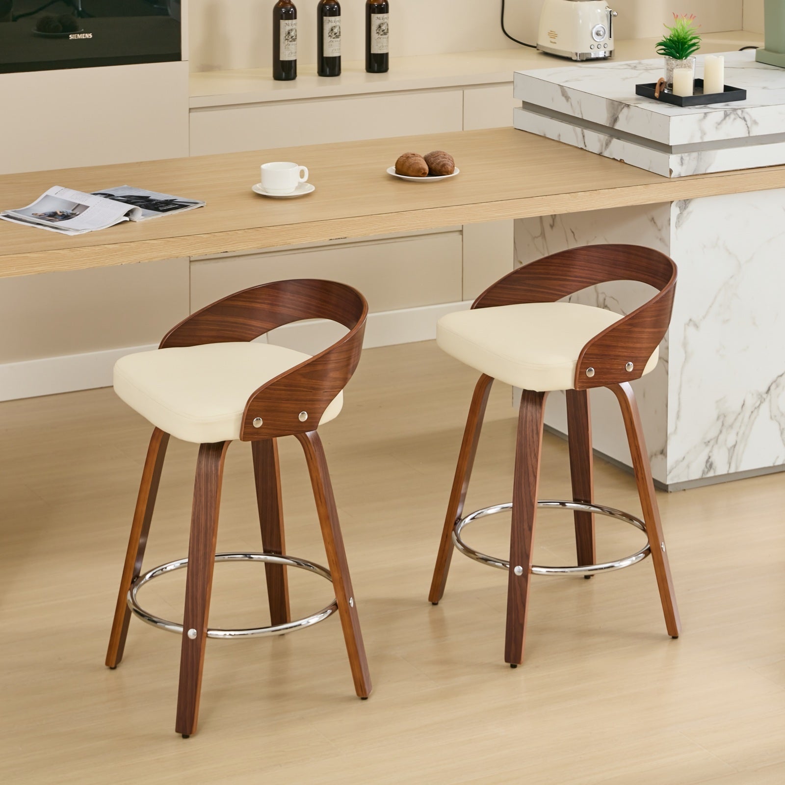 Bar Stools Set Of 2, Swivel Bar Height Stools With Low Back, Wood Bar Chairs With Soft Cushion Seat, 25 Inch Seat Height Beige, 25" Counter Height Beige Dining Room American Design,Classic Set Of 2 Foam Pu Leather