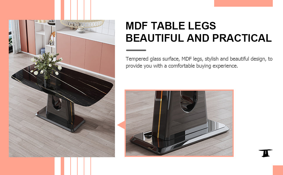 1 Table And 6 Chairs. Modern, Simple And Luxurious Black Imitation Marble Rectangular Dining Table And Desk With 6 Black Pu Gold Plated Leg Chairs 63'' X 35.4'' X 30'' Black Mdf