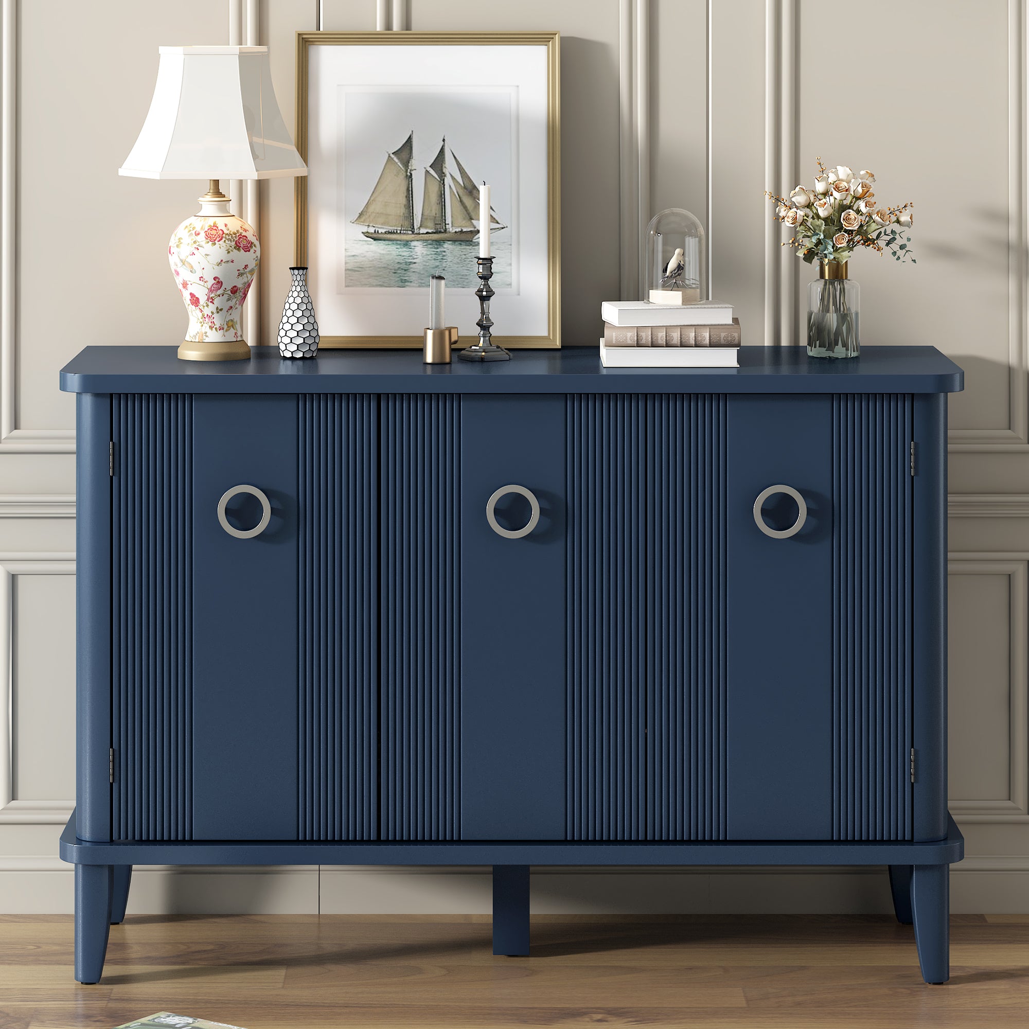 Simple And Atmospheric Solid Wood Veneer Fraxinus Mandschuric Cabinet With Three Acacia Solid Doors,Adjustable, Suitable For Study, Corridors,And Entrances. Navy Blue Mdf