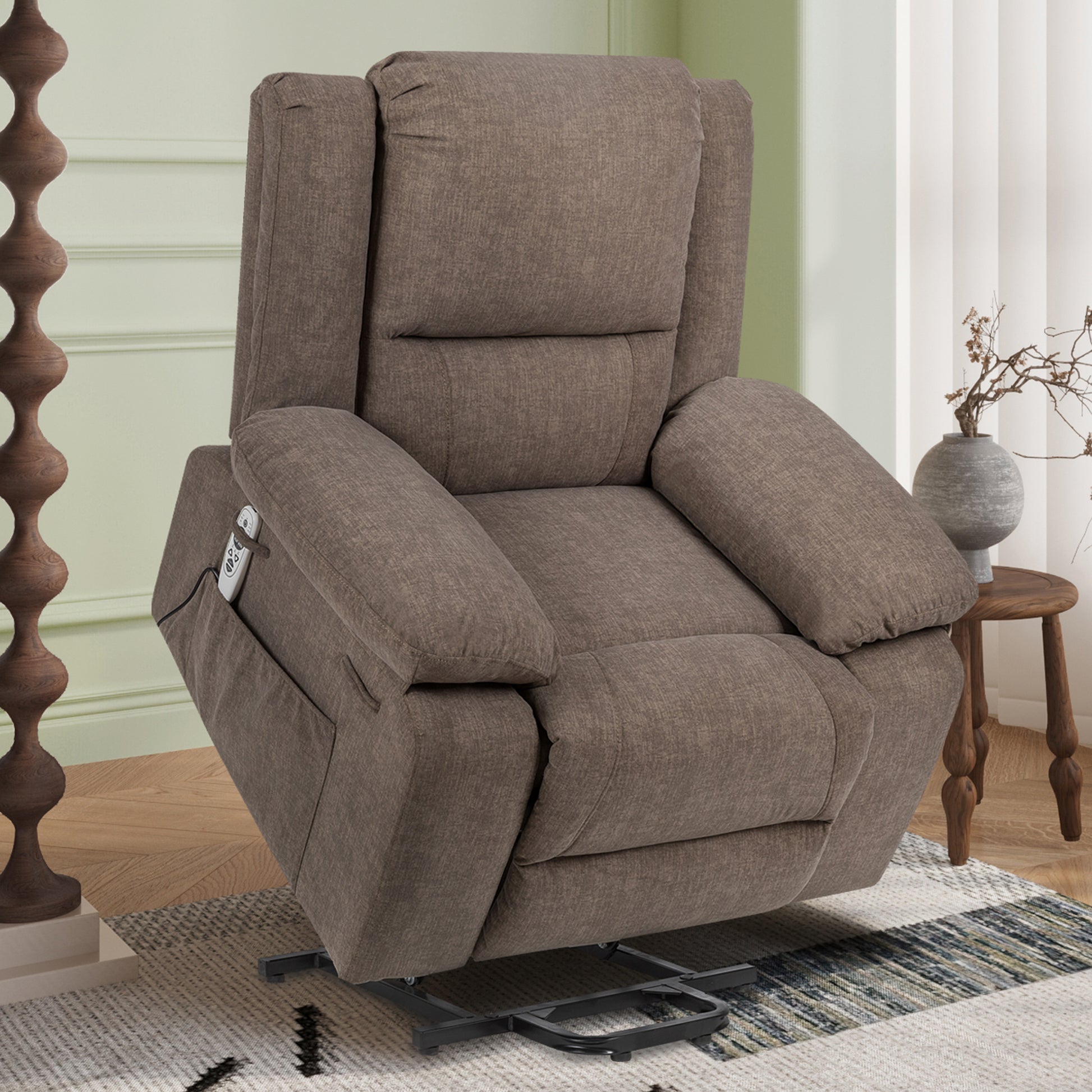Electric Power Recliner Chair With Massage For Elderly ,Remote Control Multi Function Lifting, Timing, Cushion Heating Chair With Side Pocket Brown Brown Power Remote Metal Primary Living Space American Design Cat Scratch Fabric