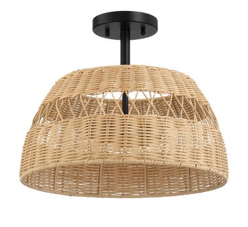 Twinkle Double Lights Semi Flush With Rattan Shade Black Metal Finish For Farmhouse Style Black,Rattan Metal,Rattan