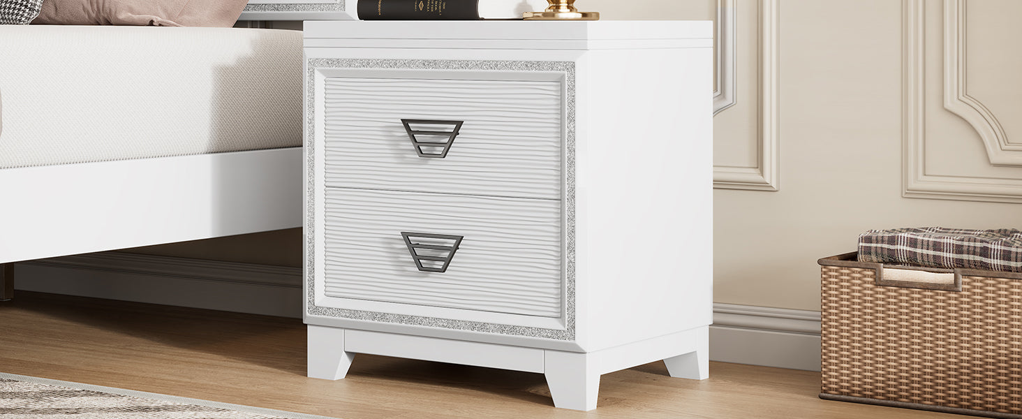 Elegant Nightstand With Metal Handle And Sparkling Shiny Decoration, Bedside Table With 2 Drawers For Bedroom, Living Room, White White 2 Drawers Mdf