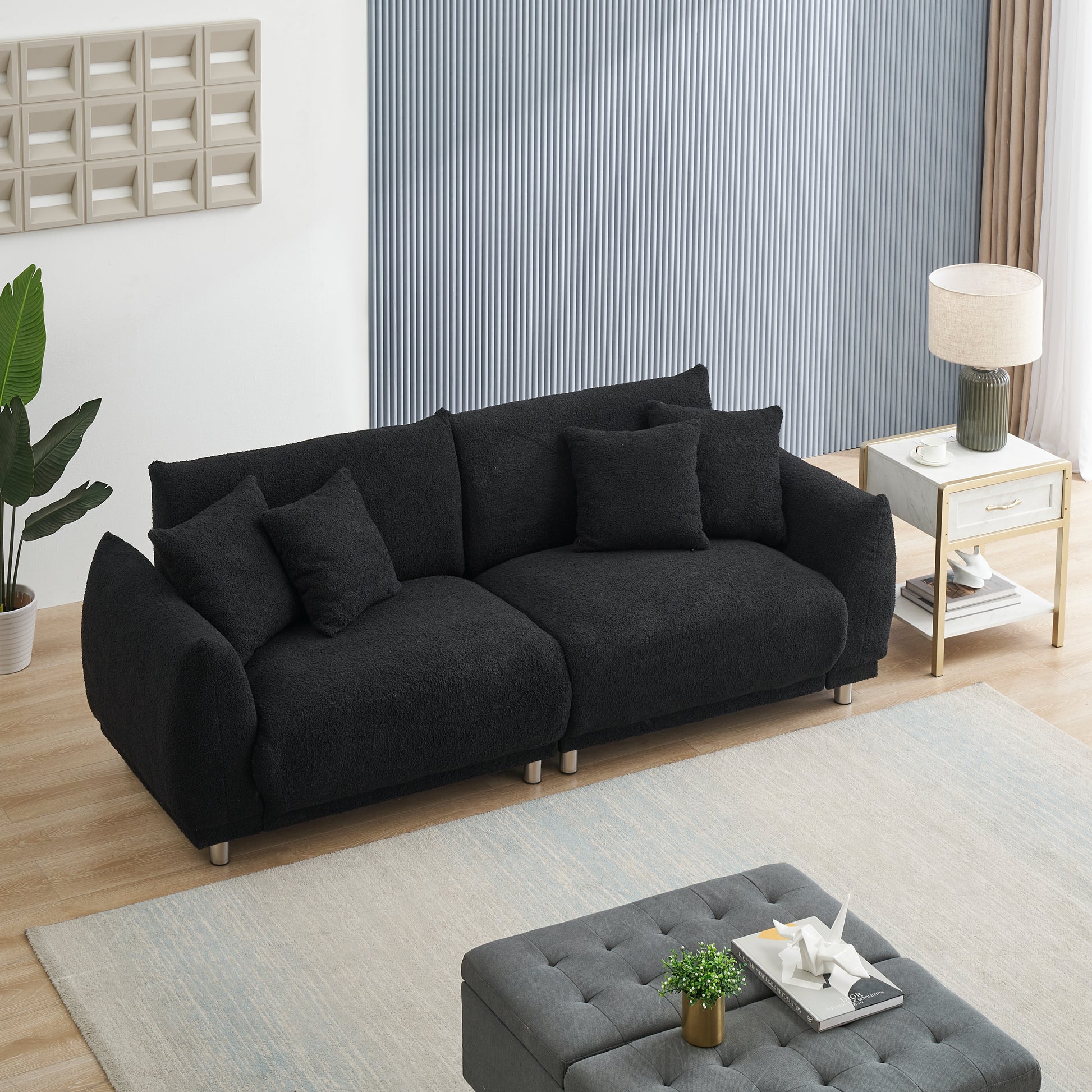 86.6 Inch Teddy Fleece Black Sofa With Four Throw Pillows Hardware Feet Can Be Placed In The Apartment Bedroom To Sit Comfortably Without Taking Up Space Black Fabric 2 Seat