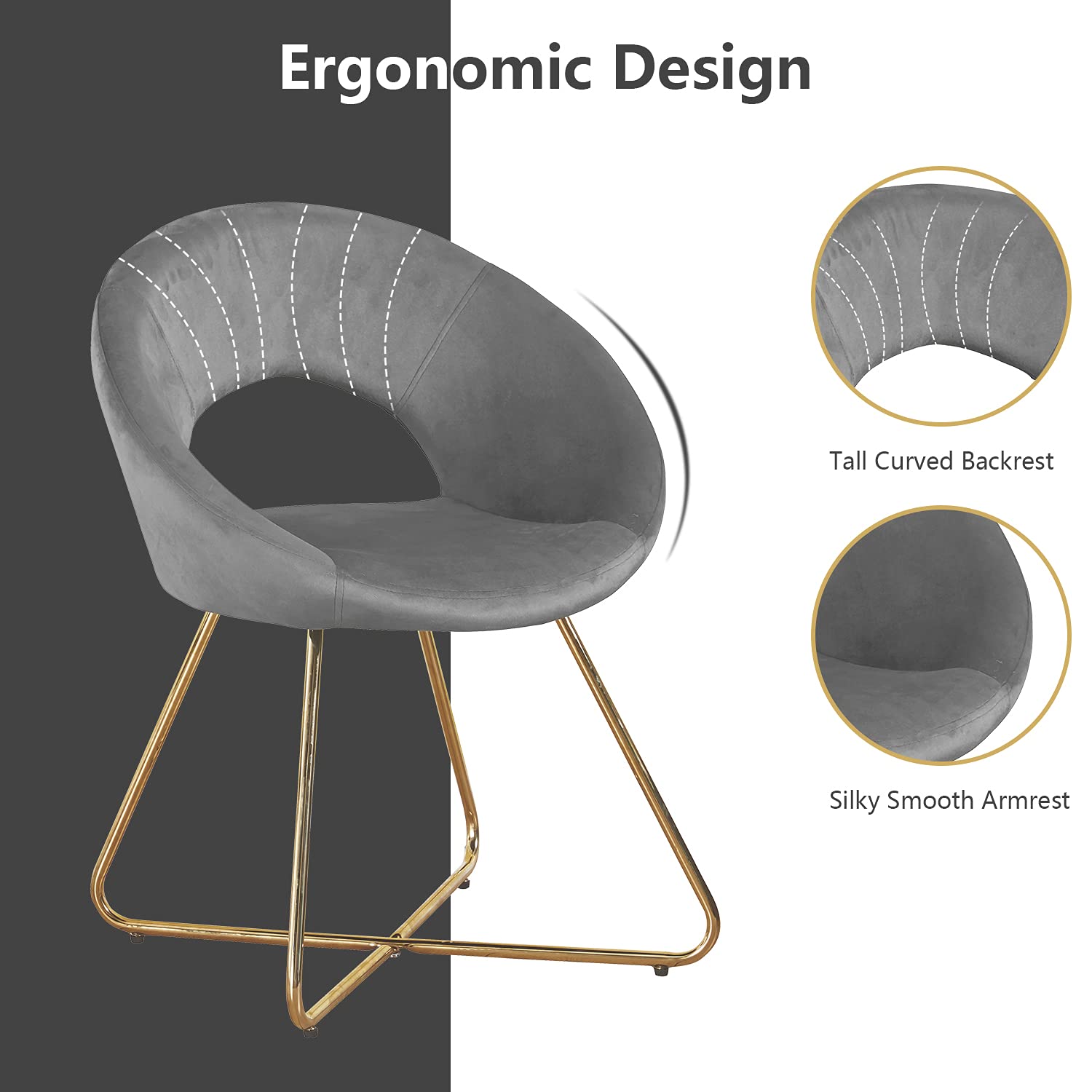 Modern Accent Velvet Chair, Set Of 2, Dining Chair Comfy Upholstered Arm Chair Living Room Furniture Mid Century Leisure Chair With Golden Metal Frame Legs Gray Fabric Metal