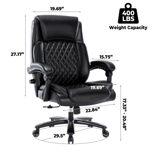 Executive Office Chair 400Lbs Heavy Duty Office Chair, Wide Seat Bonded Leather Office Chair With 30 Degree Back Tilt & Lumbar Support Black Caster Iron Black Office Dry Clean Round Handle Office Chairs Solid Back Casters Leather