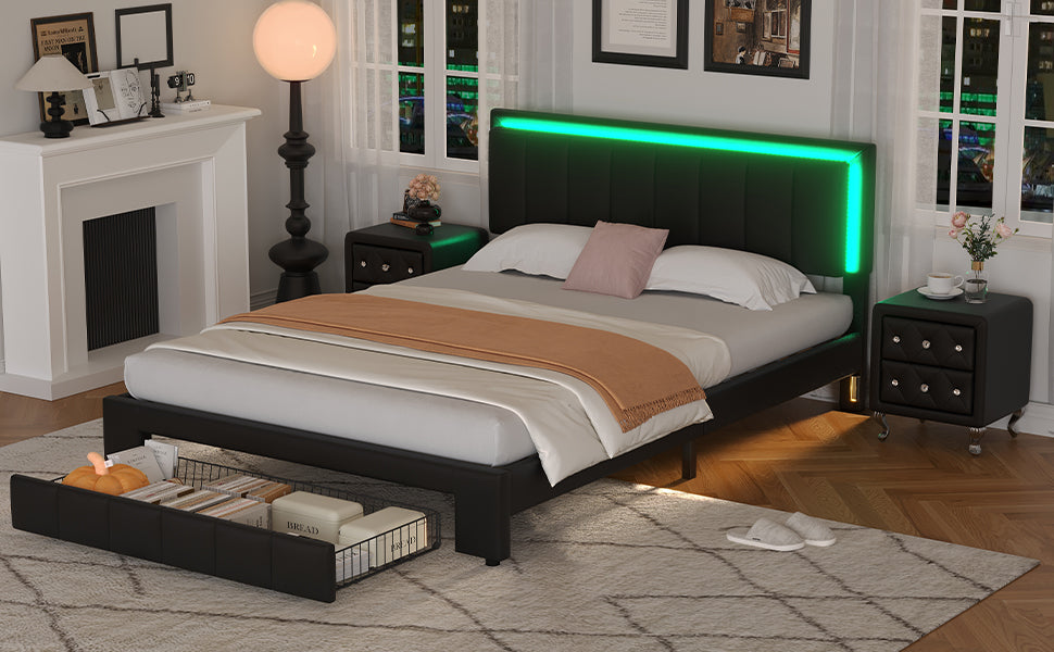 3 Pieces Bedroom Sets,Queen Size Upholstered Bed With Led Lights And Two Motion Activated Night Lights,Pu Nightstand With 2 Drawers And Crystal Handle,Black Queen Black 3 Piece Set Wood