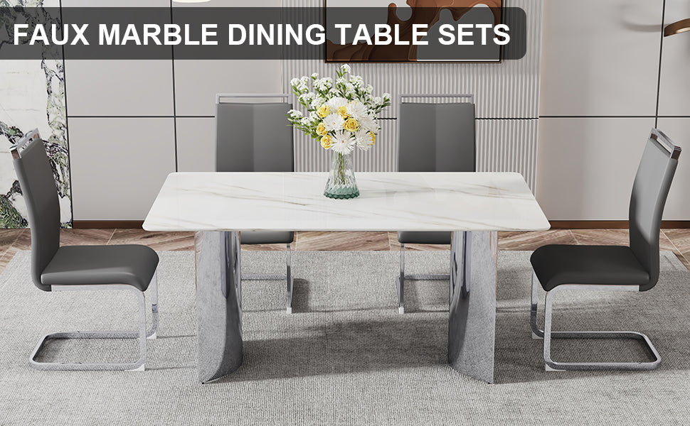 Modern Minimalist Dining Table. Imitation Marble Glass Sticker Desktop, Stainless Steel Legs, Stable And Beautiful. 4 Premium Pu Seats. 63 Inches * 35.4 Inches * 29.5 Inches Dt 69 C 1162 Silver Glass