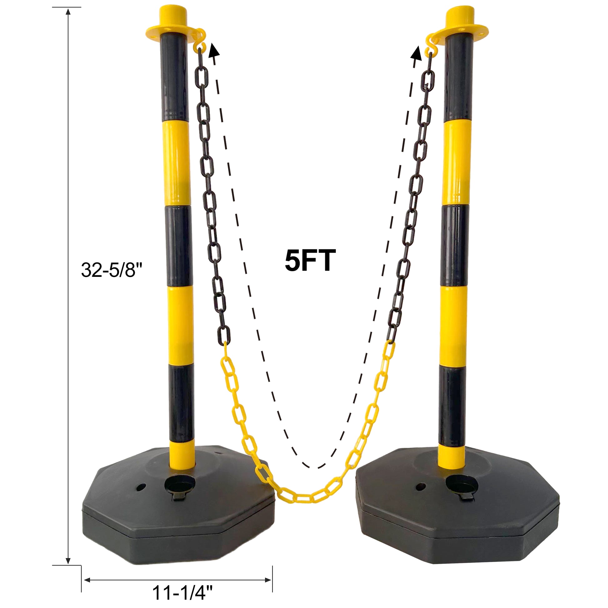 4 Pack Traffic Delineator Post Cones With Fillable Base, Adjustable Plastic Safety Barrier With 5Ft Plastic Chain, Outdoor And Indoor Crowd Control Stanchion For Traffic Control And Warning Y B Yellow Black Plastic