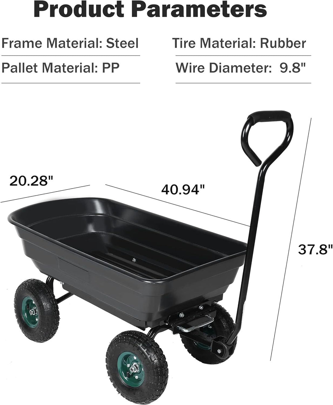 Garden Dump Cart With Steel Frame, Heavy Duty Outdoor Wagon With 10 Inch Pneumatic Rubber Tires, 660Lbs Max Capacity, Black Black Polypropylene