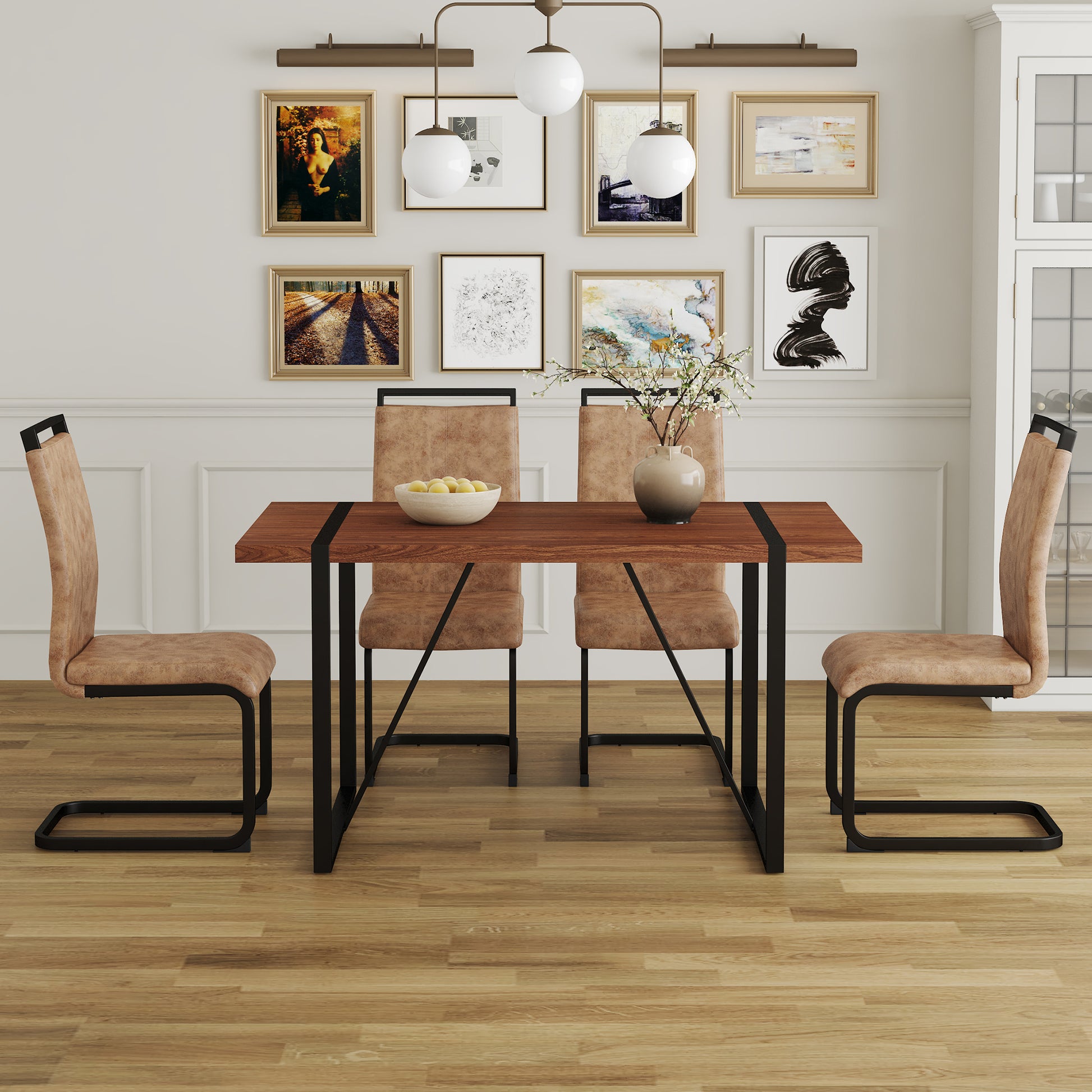 Table And Chair Set. A Minimalist Retro Rectangular Dining Table With A Specially Textured Top And Black Metal Legs, Paired With 4 Soft Chairs And Black Metal Legs, Showcases A Beautiful Home Style.