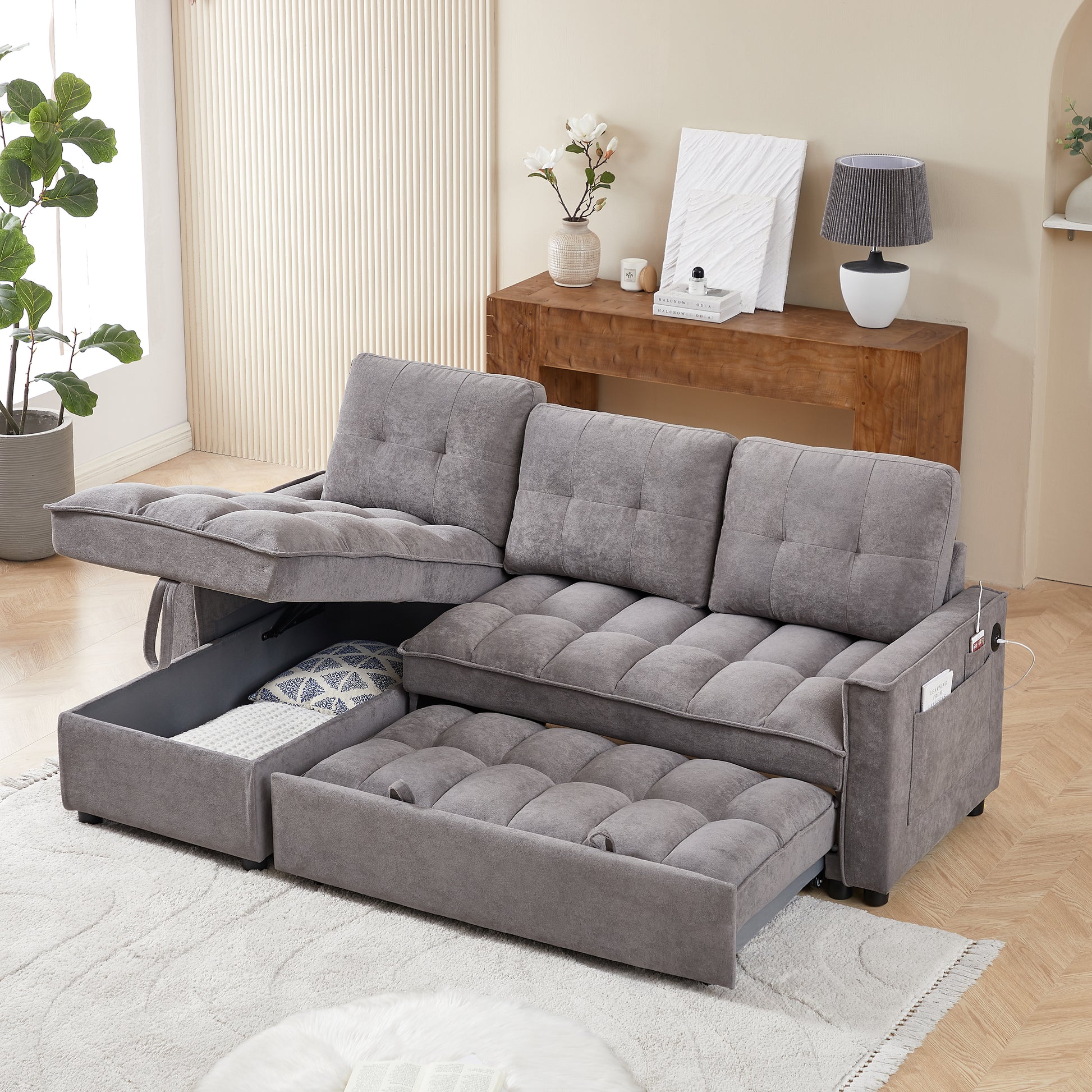 Mh 78.75" Reclining Sofa, Pull Out Sofa Bed With Usb And Tape C Charging Ports, L Shaped Sectional Sofa With Reclining Storage And Arm Side Organizer Pocket Features, Living Room Comfort Sofa Dark Grey Chenille Wood Primary Living Space Eucalyptus Foam