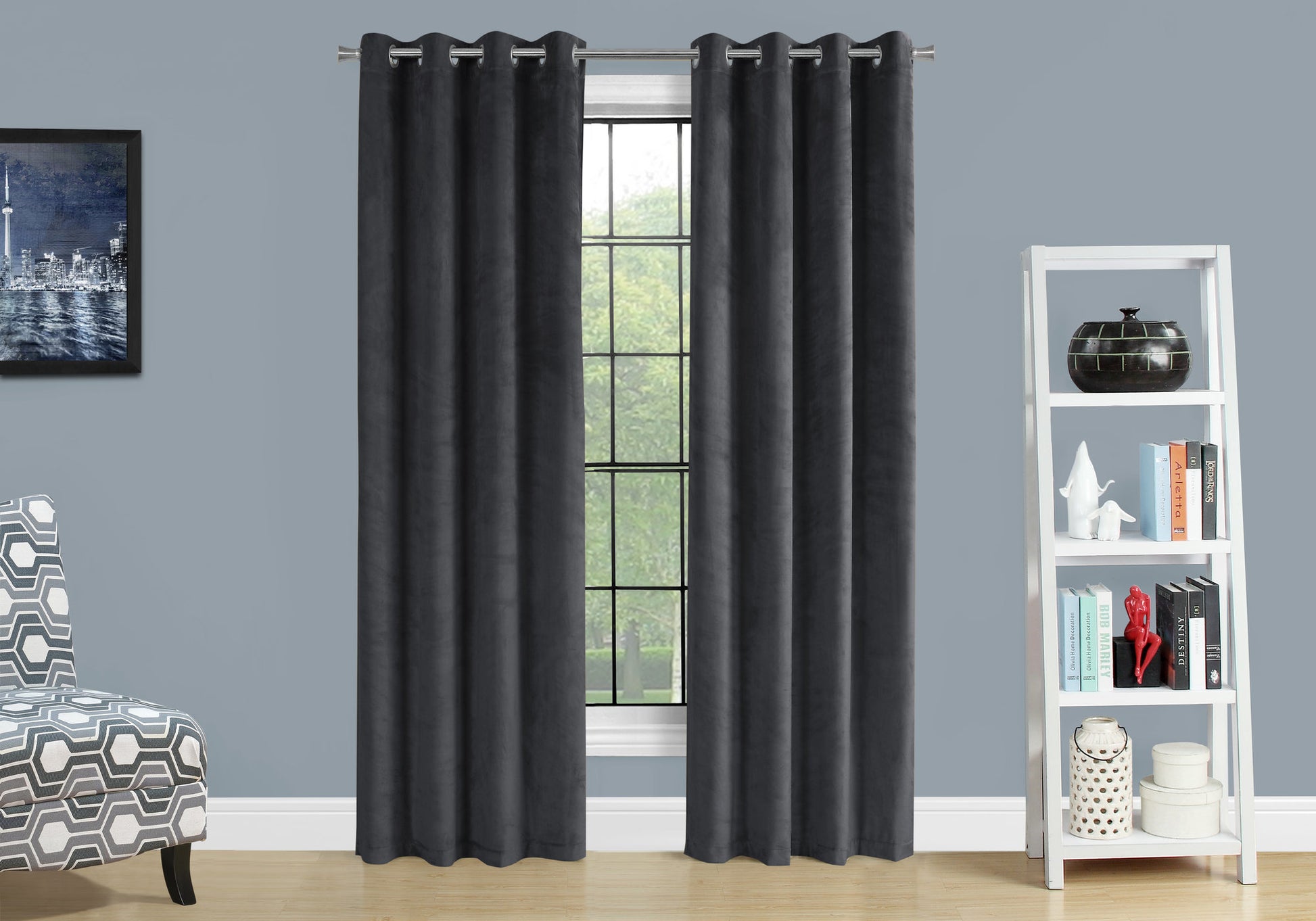 Curtain Panel, 2Pcs Set, 54"W X 84"L, Room Darkening, Grommet, Living Room, Bedroom, Kitchen, Grey Velvet, Contemporary, Modern Grey Polyester