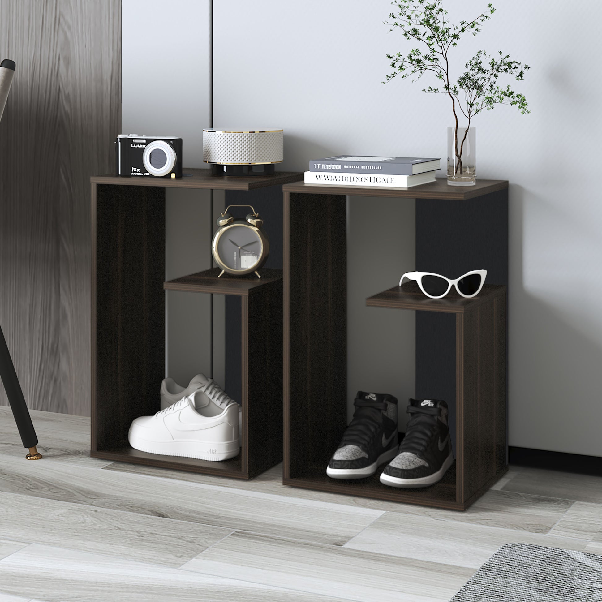 Everet 25" High 3 Tier Shelf Side Table Dark Oak Particle Board