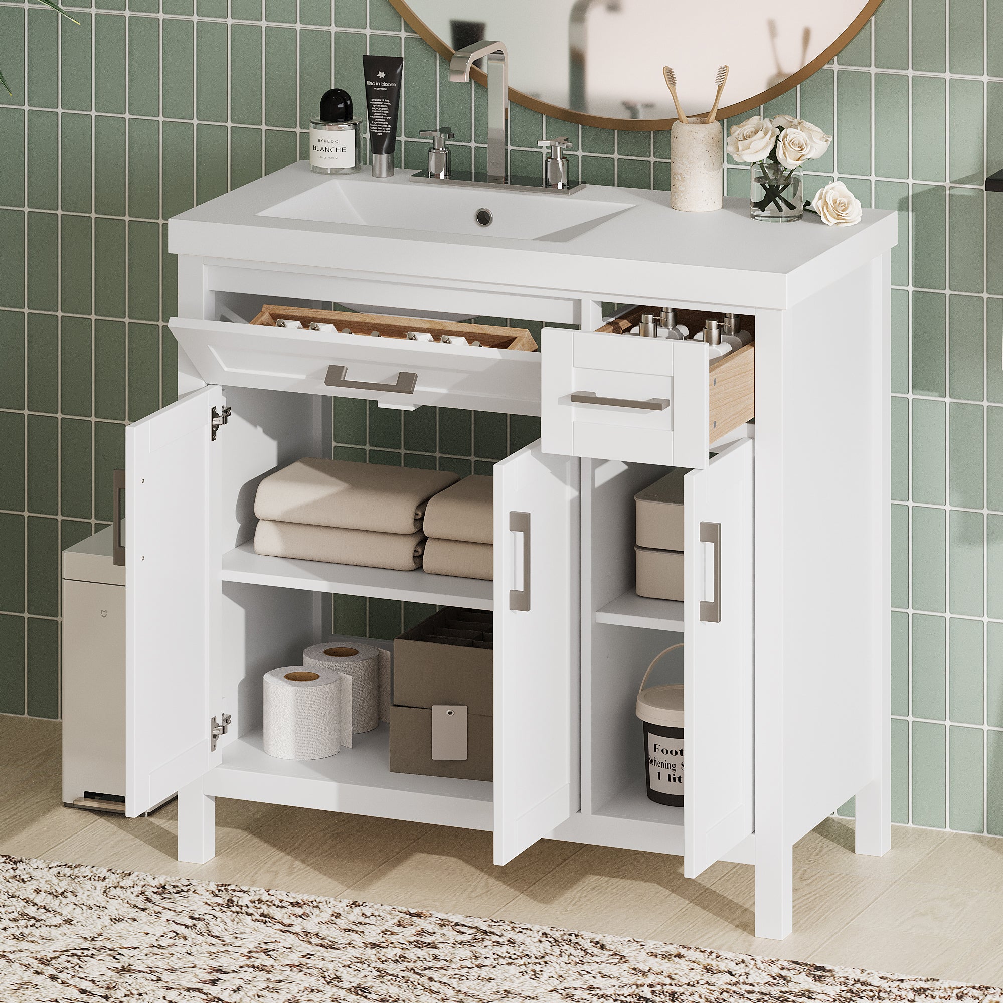 36" White Bathroom Vanity Cabinet With Resin Integrated Sink 2 Drawers, 3 Doors White Bathroom Solid Wood Mdf Resin