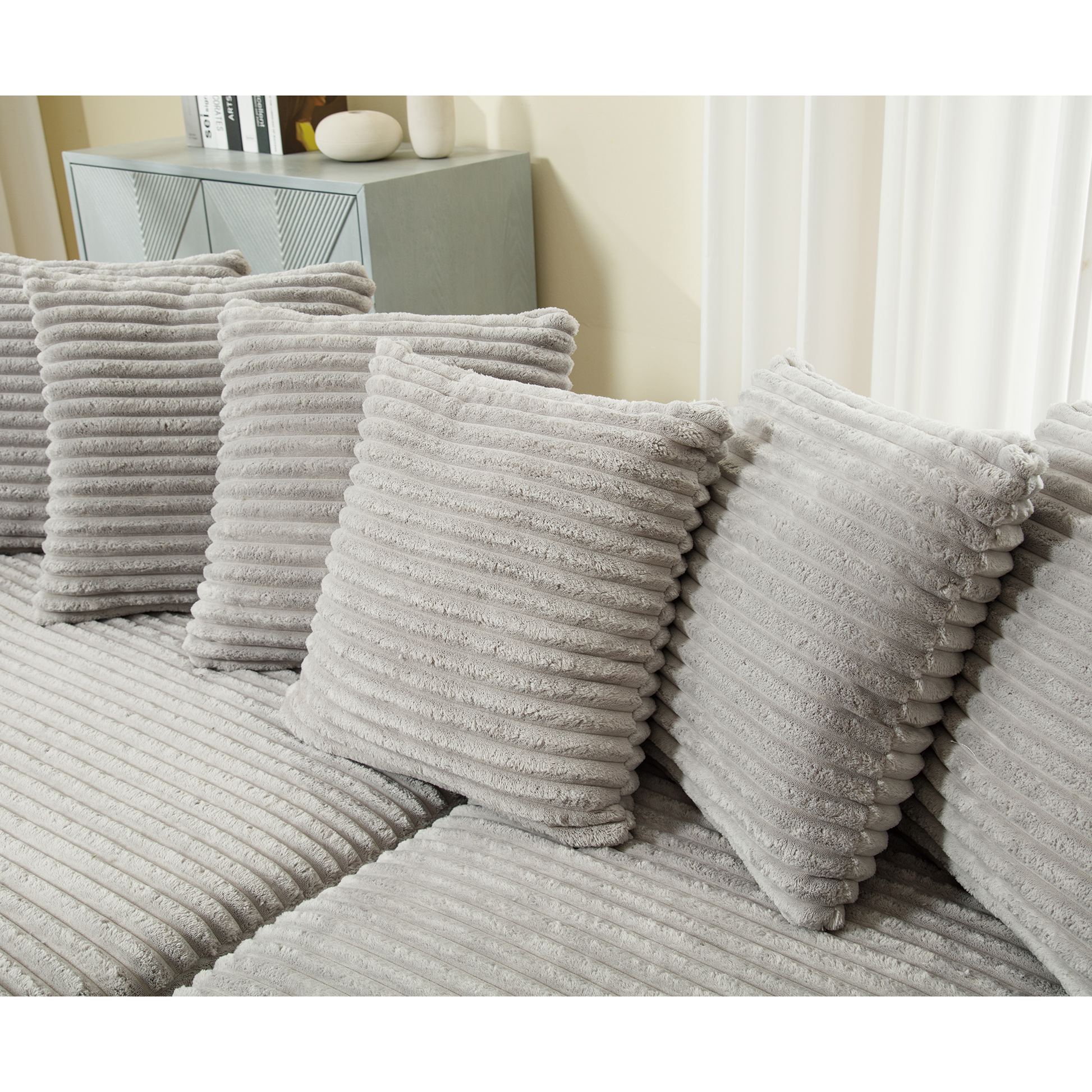 Arrived Oversized Two Piece Couches, L Shaped Sofa, Corduroy, Left Chaise Daybed,With Armrests,Eight Throw Pillows,Corner Sofa,Easy To Assemble, Gray Gray Polyester Wood Primary Living Space Medium Soft Pillow Back Modern Square Arms Wood 3 Seat