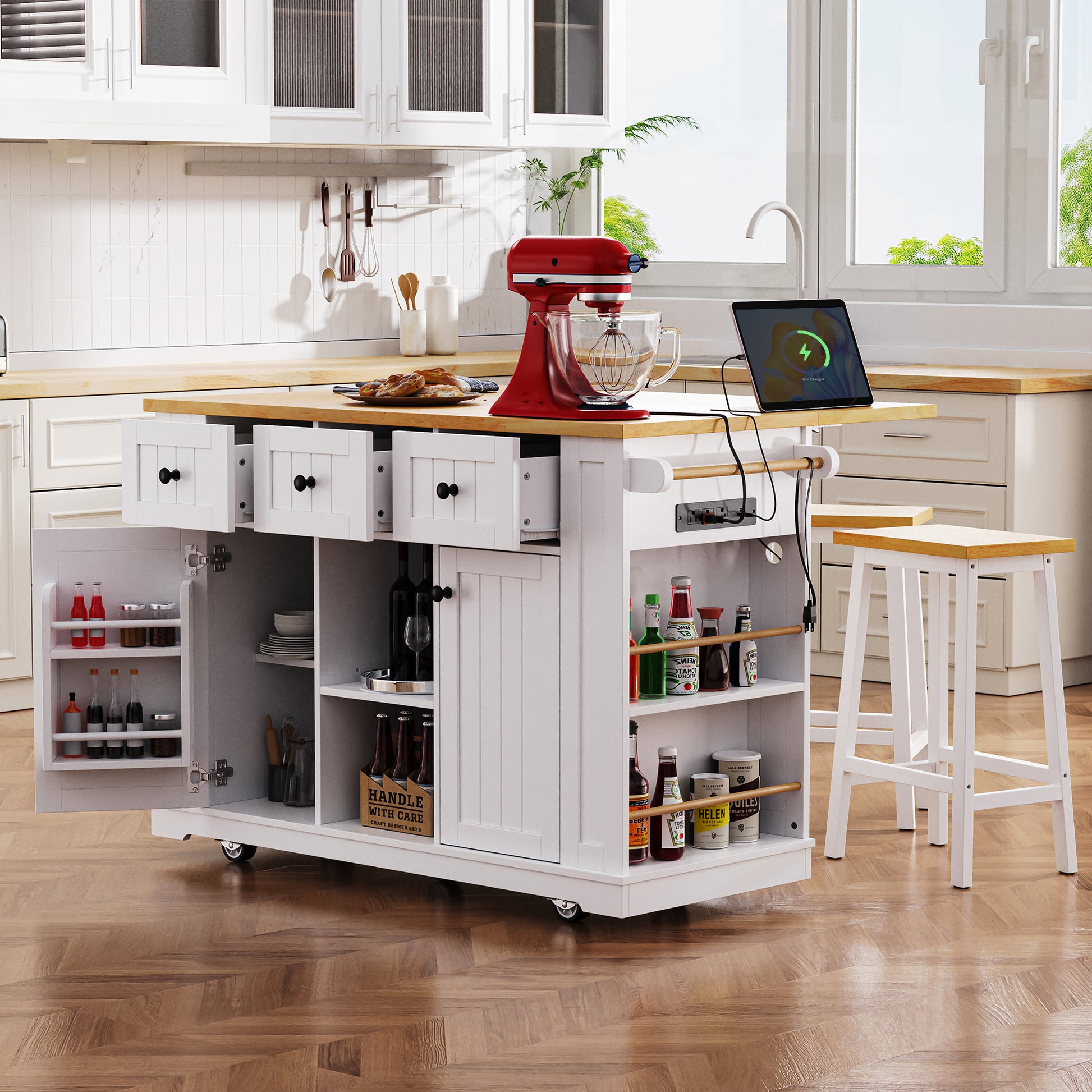 K&K 53Inch Large Kitchen Island With Drop Leaf, Power Outlet, Door Internal Storage Rack, Rolling Kitchen Cart On 5 Wheels With 5 Open Side Racks For Kitchen, Dining Room,White Not Include Bar