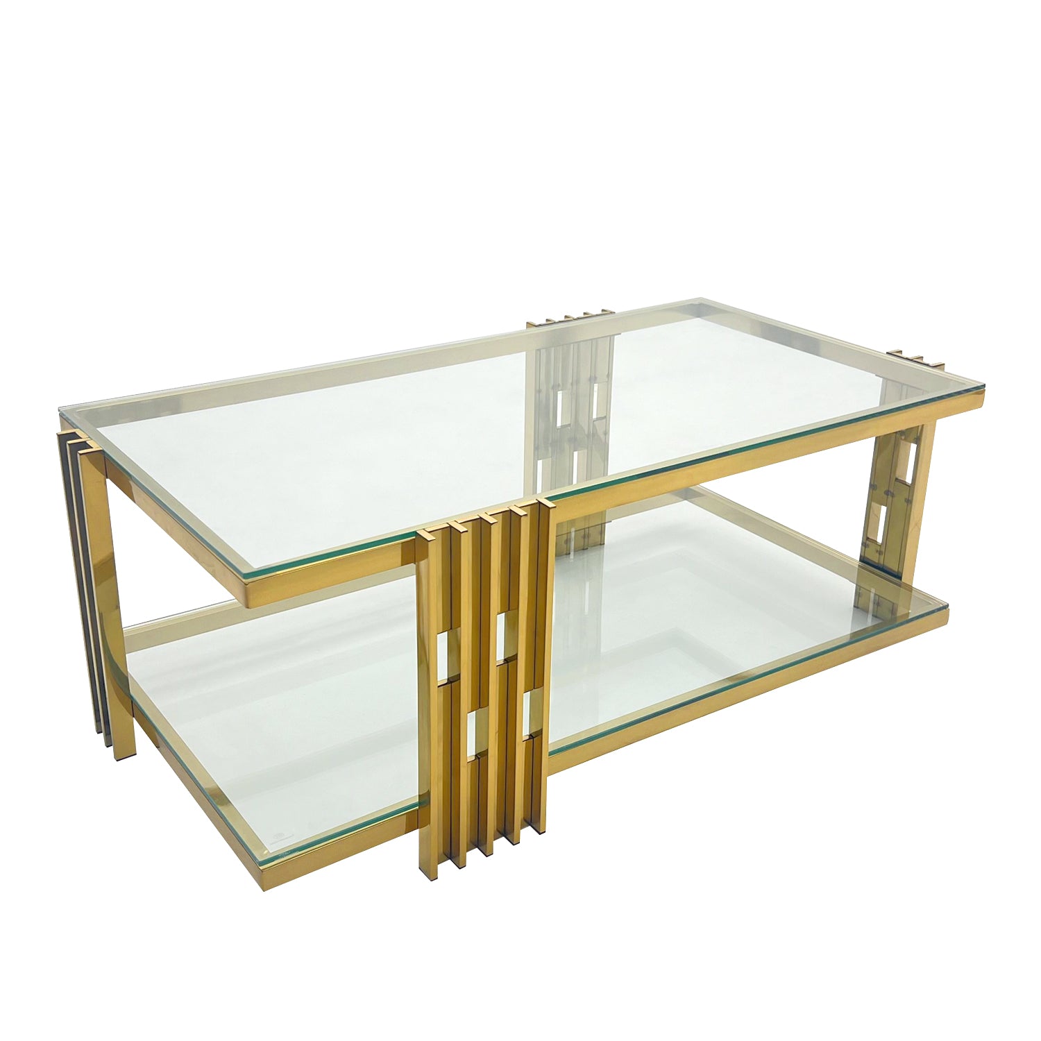 Golden Stainless Steel Coffee Table, Double Layer, Clear Tempered Glass Coffee Table, For Bed Room, Living Room Clear,Gold Modern Open Storage Rectangular Stainless Steel,Tempered Glass