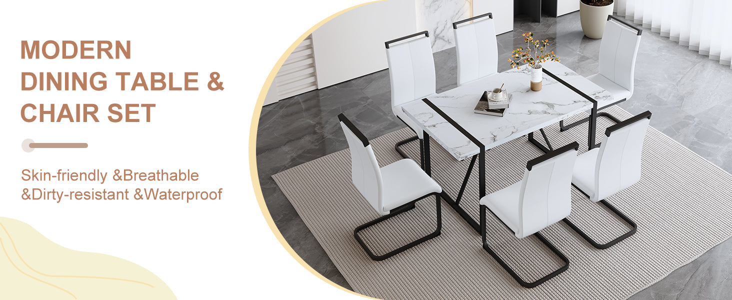 Table And Chair Set.A Modern Minimalist White Marble Veined Mdf Dining Table With Black Metal Frame.Paried With 6 Chairs With White Pu Cushions And C Tube Black Metal Legs. White Seats 6 Mdf Metal