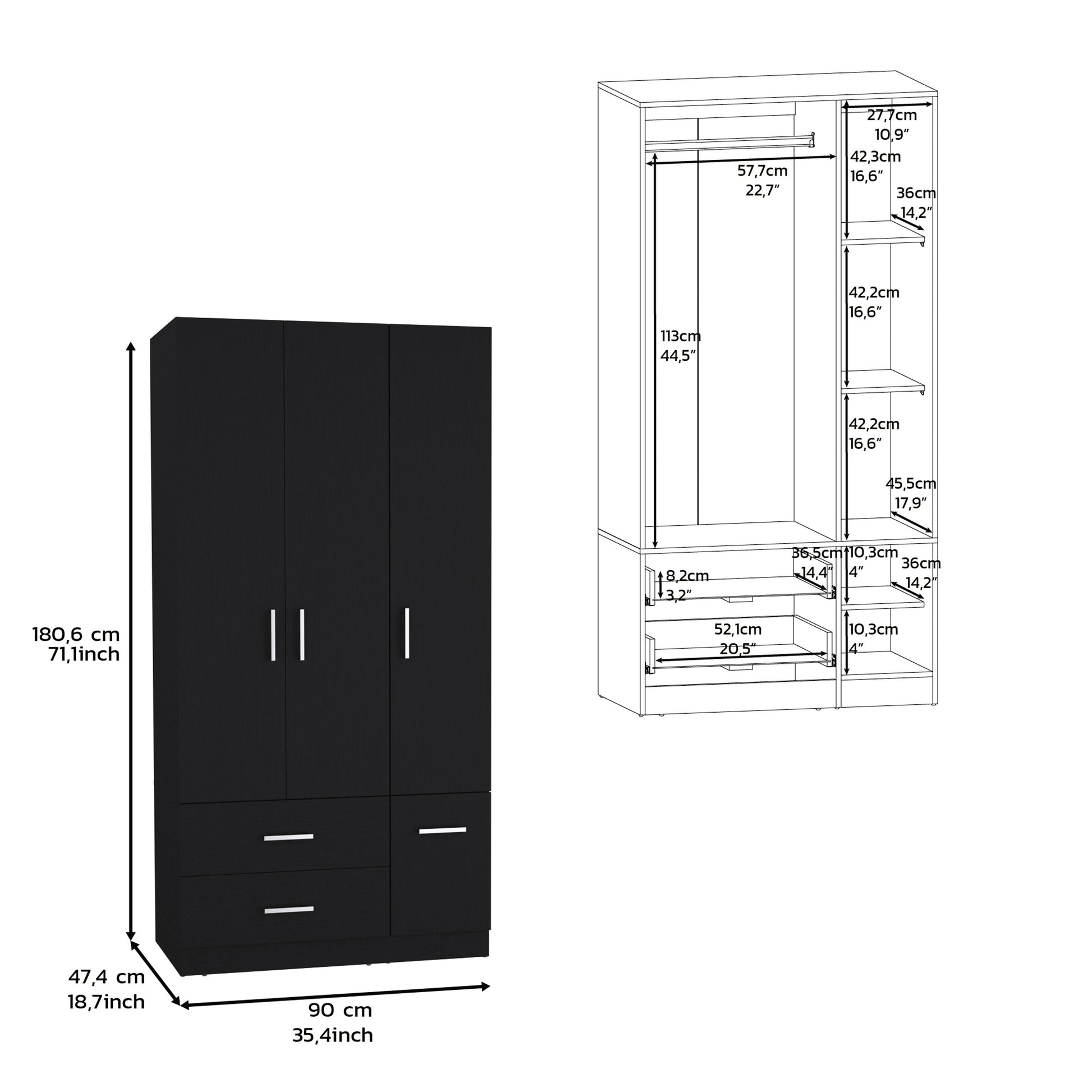 Armoire Wardrove 71", 4 Doors, Hanging Rod, 3 Cabinets, 6 Shelves, Black Black Solid Wood Mdf Engineered Wood