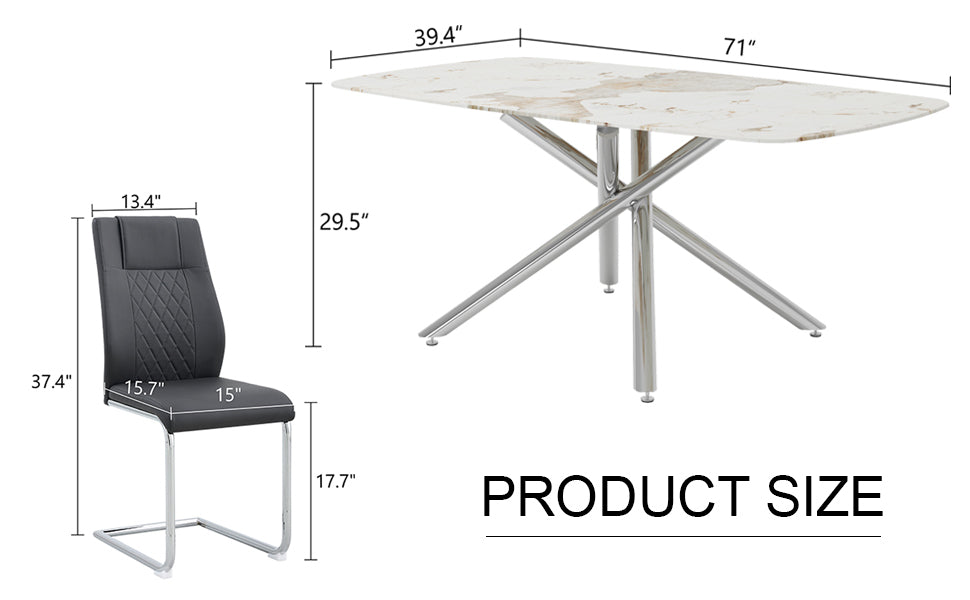 Table And Chair Set, Large Modern Minimalist Rectangular Dining Table, 0.39 "Imitation Marble Tabletop And Silver Metal Legs, Soft Leather Seats. F 1537 Silver Glass Metal