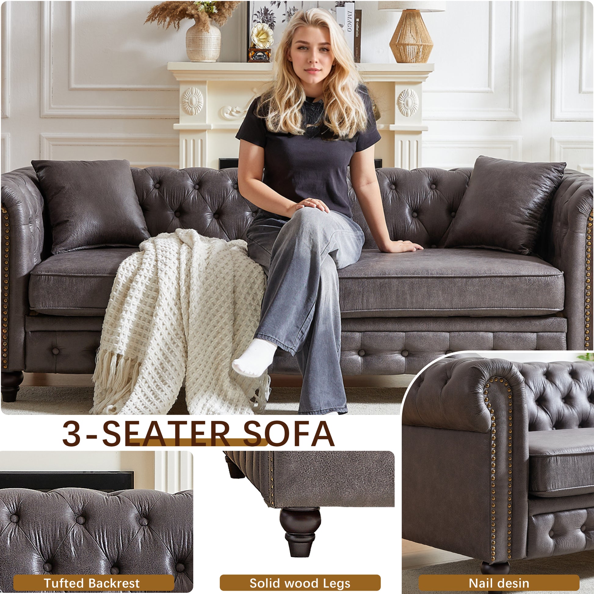 Fx 85.5"Living Room With Tech Fabric Chesterfield Sofa With Rolled Arms 3 Seater Sofa With Button Design And 2 Cushions For Apartment, Office, Living Room Grey Wood Primary Living Space Pine Foam Fabric 3 Seat