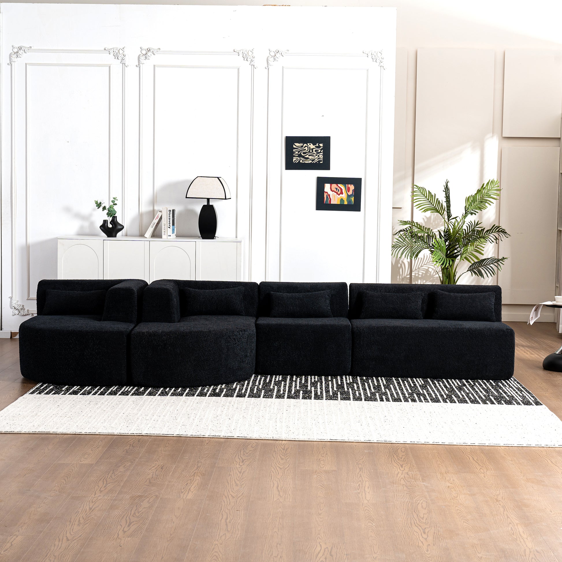 143.7" Upholstered Sofa Free Combined Sofa Couch With Two Chaise Lounge And Five Back Pillows For Living Room, Black Black Foam Polyester 5 Seat