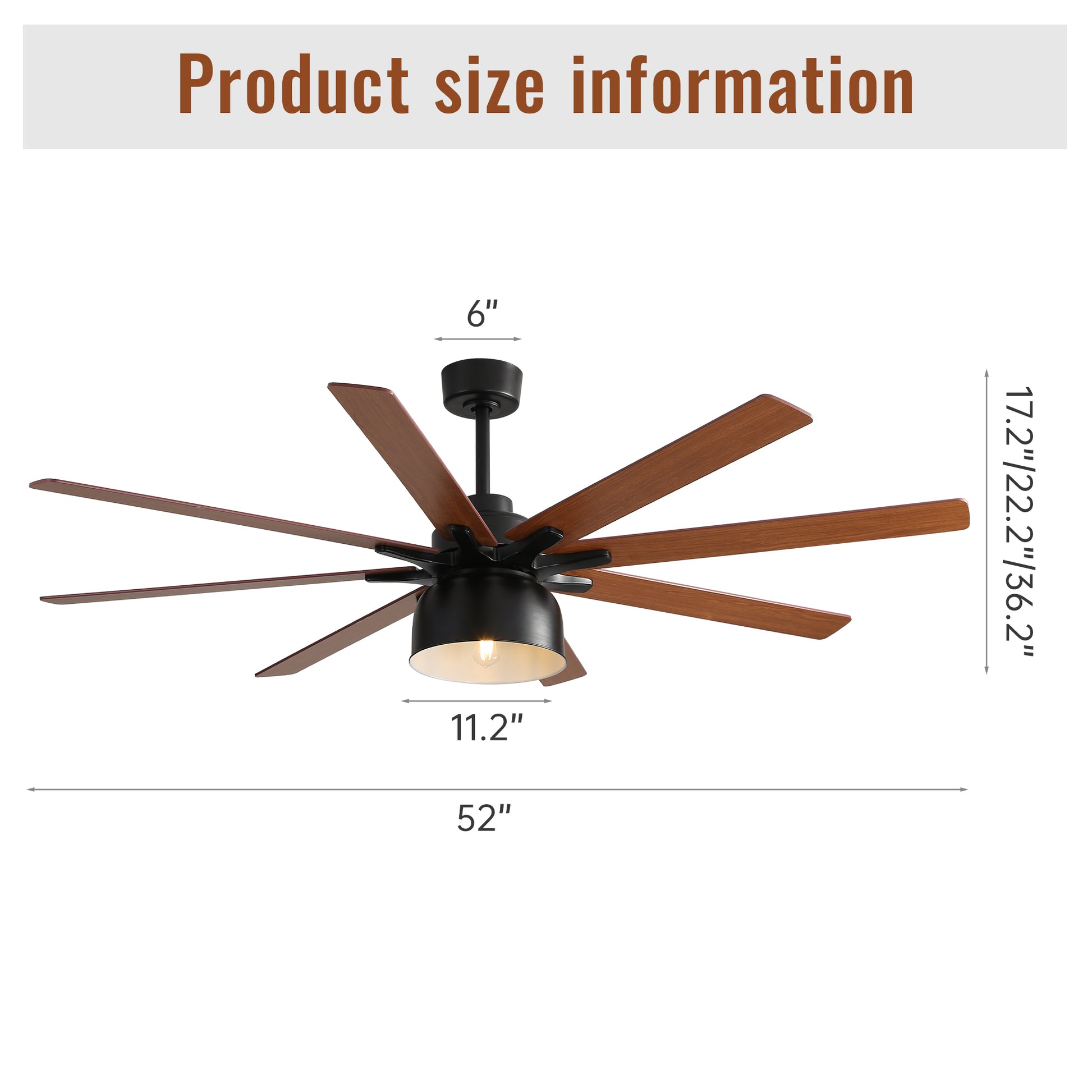 52 Inch Ceiling Fan With 6 Speed Wind 8 Dual Colors Blades Remote Control Reversible Dc Motor With Light Black Plywood