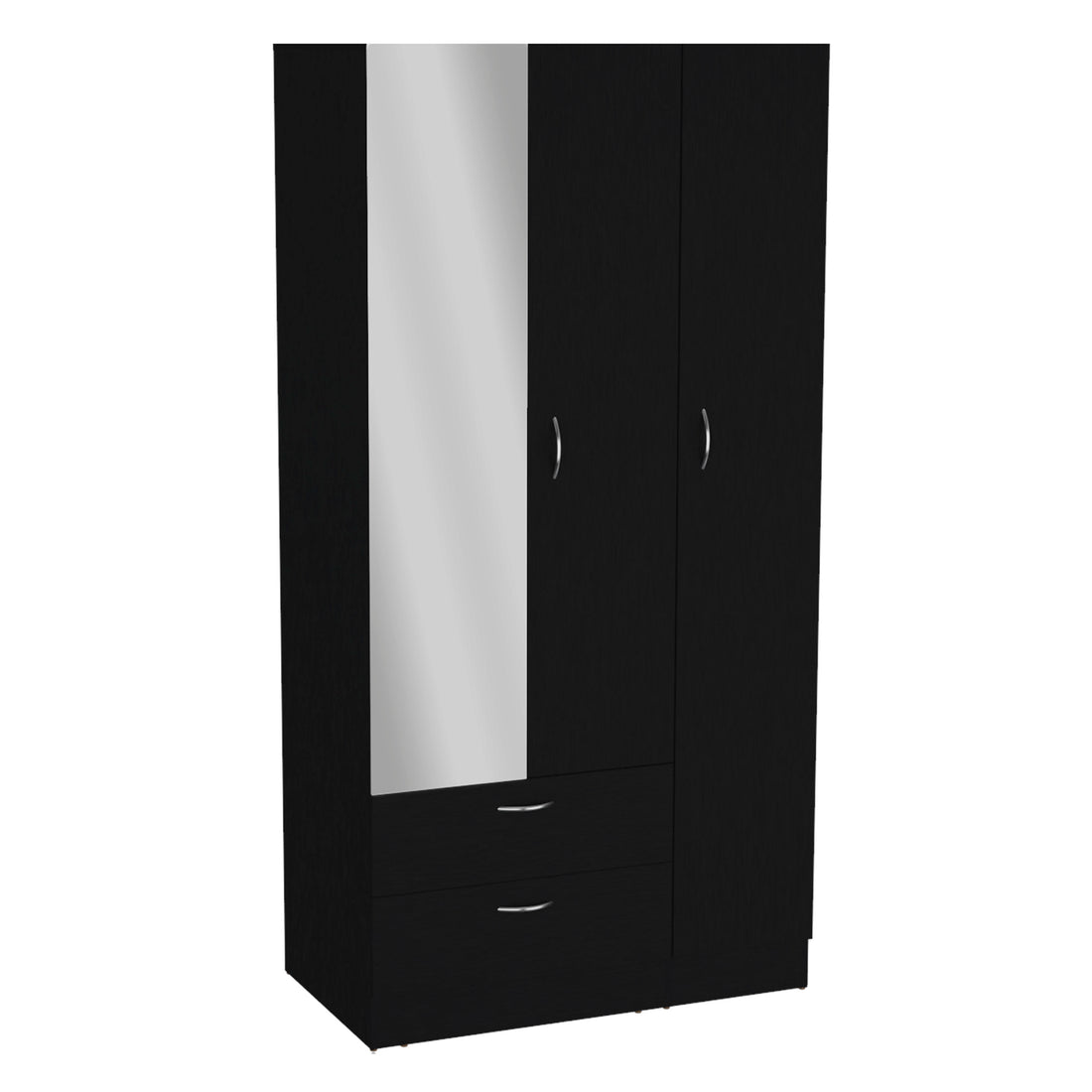 Riverside 3 Door Mirrored Armoire With Two Drawers, Four Shelves, And Hanging Rod Black Black Bedroom Particle Board